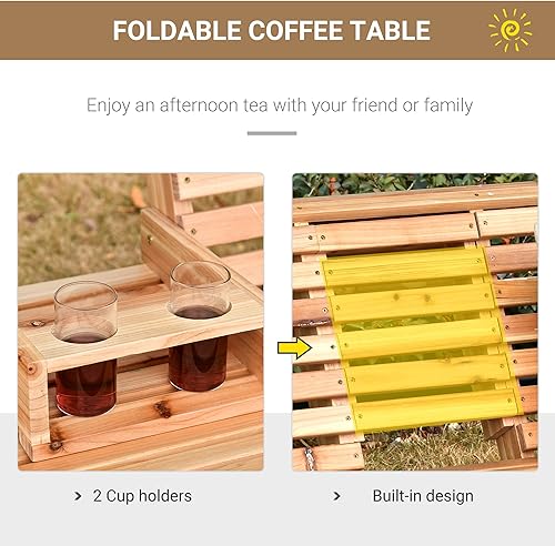 Miniatura 4 de Outsunny Columpio de madera para porche de 3 plazas banco de columpio para patio con mesa de centro plegable portavasos y cadenas incluidas