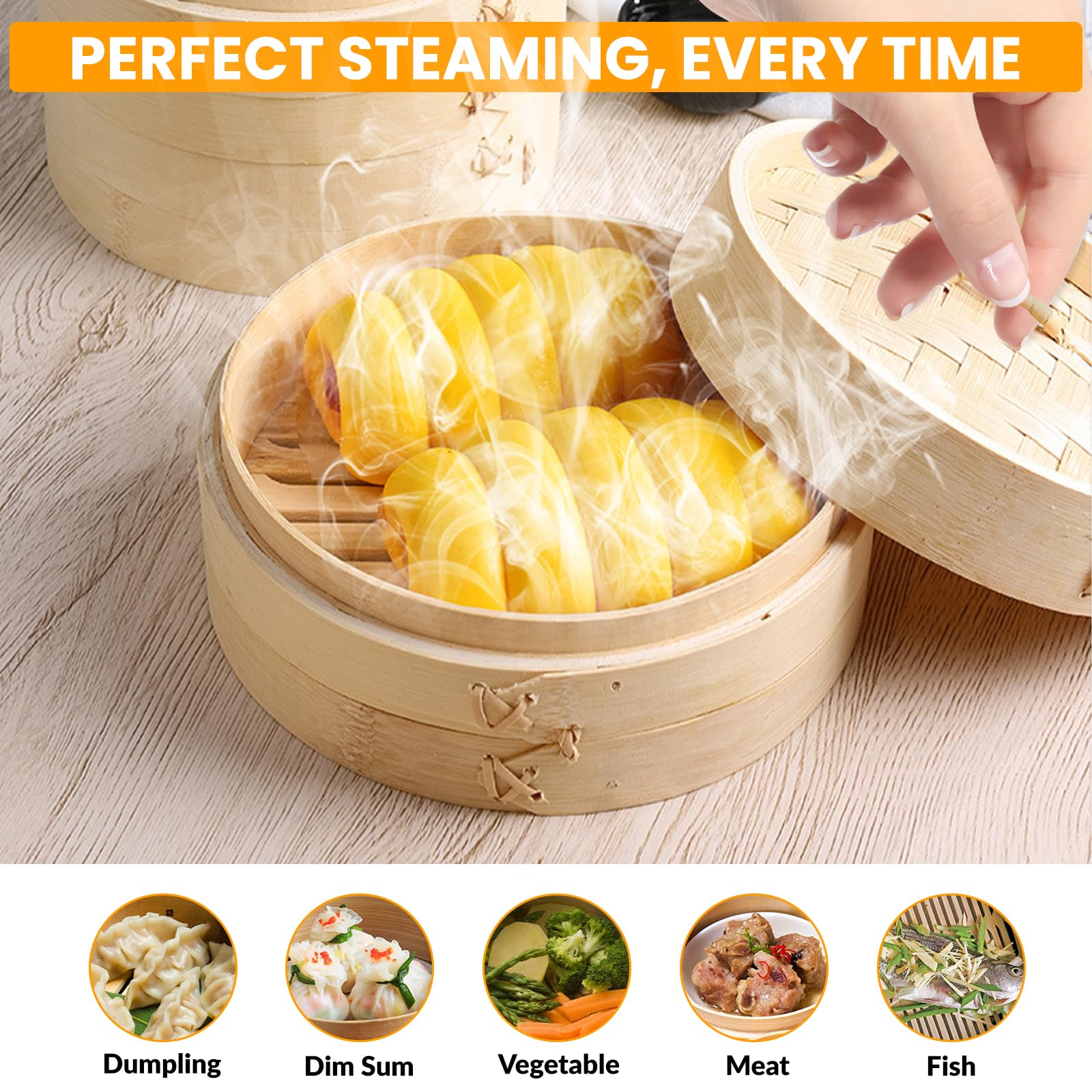 2 Livello Vaporiera in bambù, 20cm Cestello Cottura a Vapore Bambu con Coperchio e 5 Pezzi Panno Vapore per Vapore Gnocchi di Verdure a Dim Sum