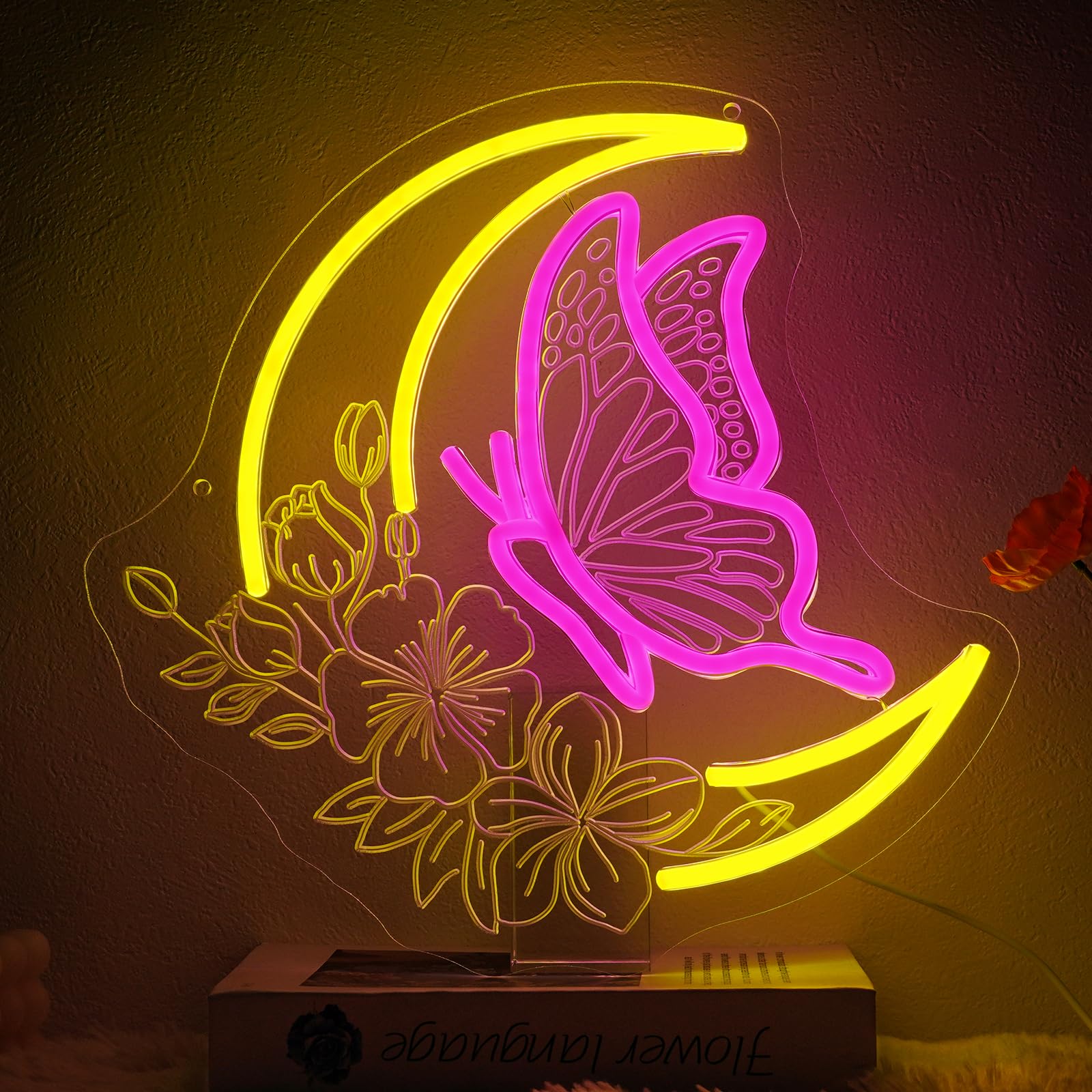 Letrero de neón con diseño de mariposa y luna, regulable, para decoración de pared, letreros LED de luna para dormitorio, sala de estar, habitación de niñas, bar, fiesta de cumpleaños