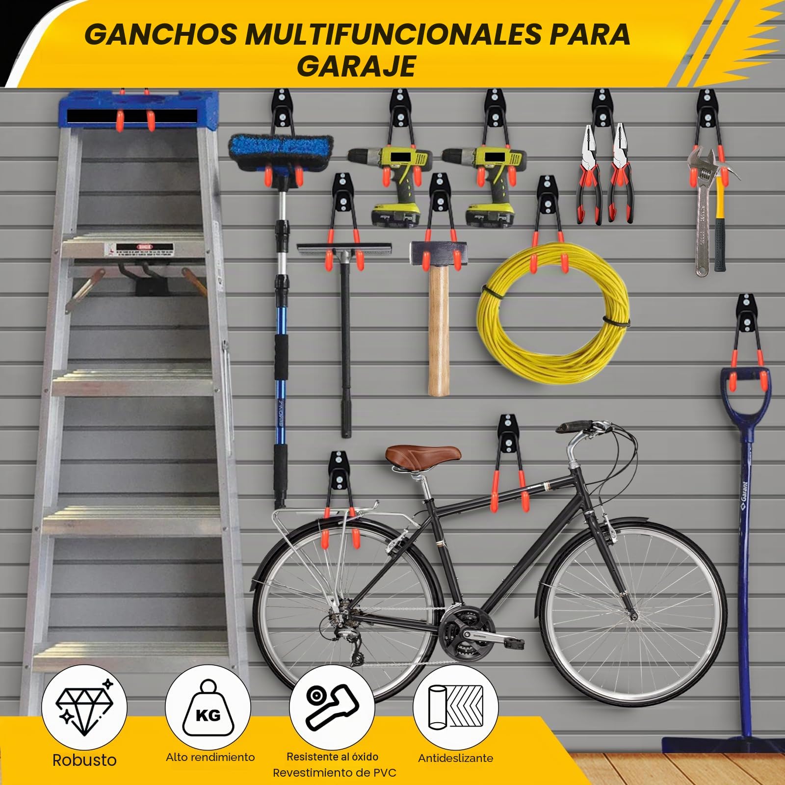 4 Ganchos de Garaje Resistentes para Colgar Herramientas, Ganchos de Almacenamiento para Garaje, Ganchos Garaje para Montaje en pared para Organizar Herramientas de Garaje y Jardín (naranja)