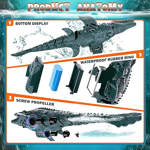 Miniatura 2 de KIEAHCEY Mosasaurus de control remoto de 2.4 GHz, dinosaurio para piscina, juguetes de alta simulación, barco a control remoto, lago, baño, 8-12