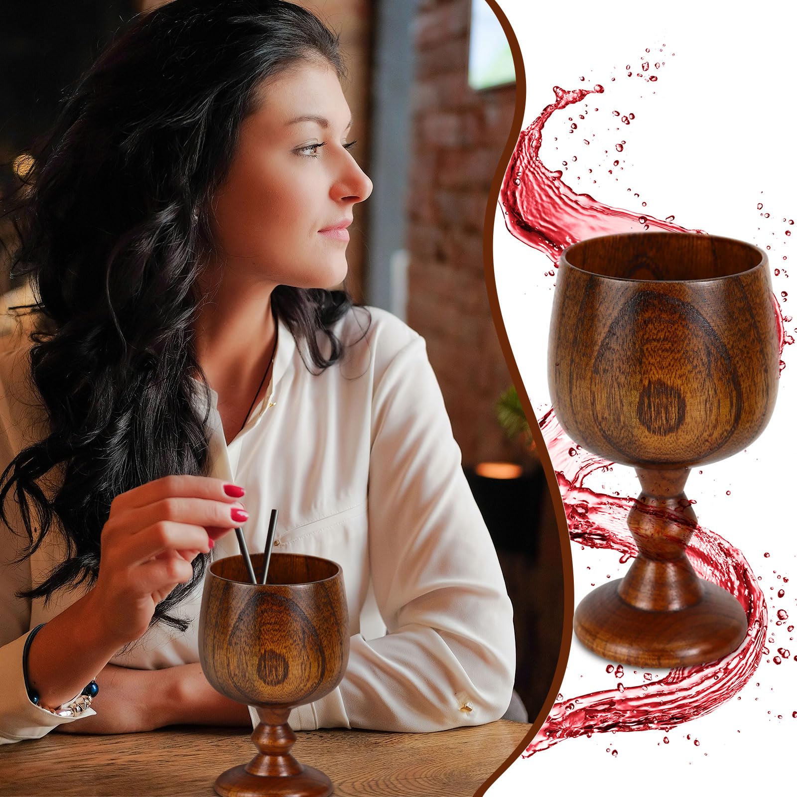 Kelche aus Holz, handgefertigt, aus natürlichem Massivholz, Weinbecher für Bier, Wein und Wasser, 100–150 ml, 2 Stück