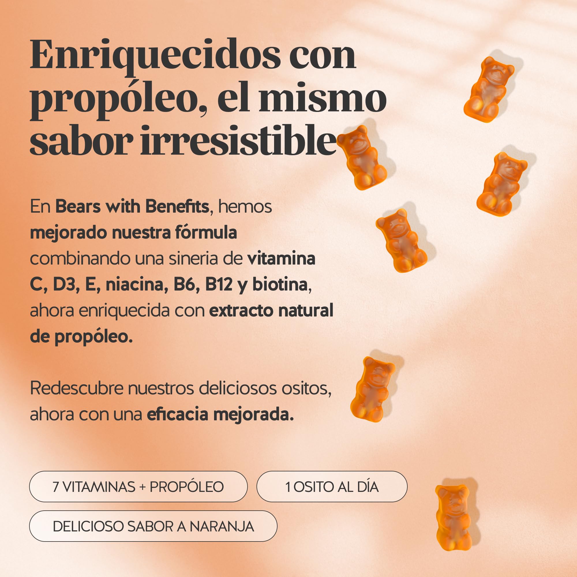 One Bear A Day Immune Vitamin Gominolas – Vitamina D, E, C, Vitamina B6, B12, Niacina, Biotina, Extracto de Própolis – 90 Unidades (3 meses) – Vegetariano, Sin Azúcares, Bears with Benefits