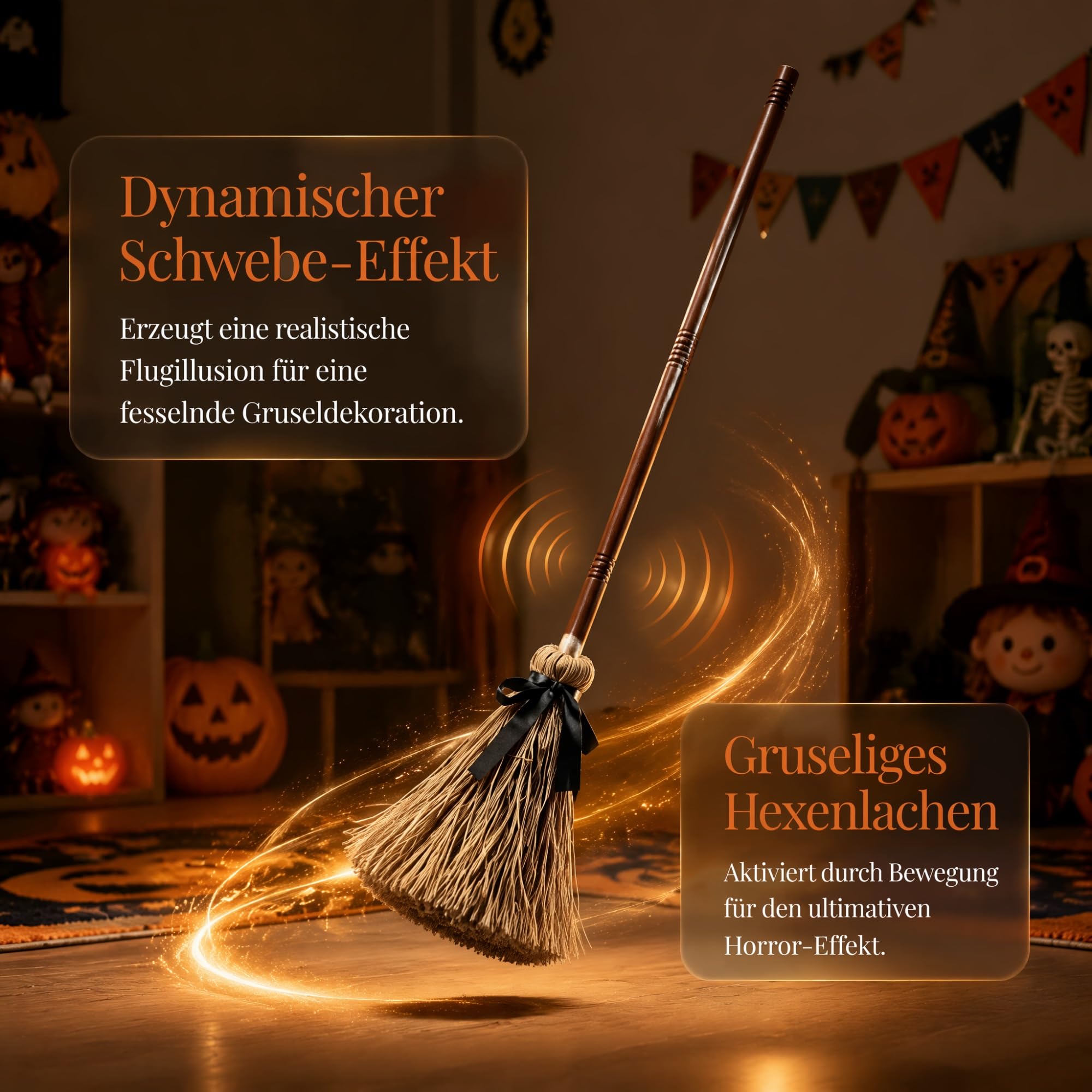 Hexenbesen, Magischer Besen, Schwimmender Besen | Licht und Bewegungssensor, Große Grusel Sound Deko, tanzend, beweglich, für Party Haus Garten Flur Terrasse Spukhaus(2PCS)