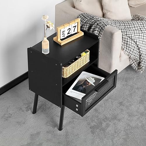 Miniatura 7 de Lerliuo Juego de 2 mesitas de noche de ratán, mesa auxiliar bohemia con cajón abierto, mesa auxiliar de noche con patas de madera maciza para