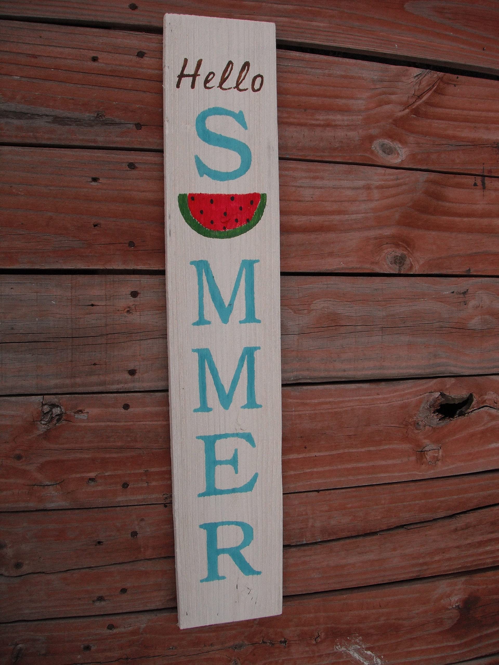 HOUVSSEN Vertical Sign ~ Hello Summer ~ Porch Front Door Sign Wooden Reclaimed Cedar Handmade Farmhouse Distressed Metal Tin Signs & Sayings Home Decor Farmhouse 4x16 in