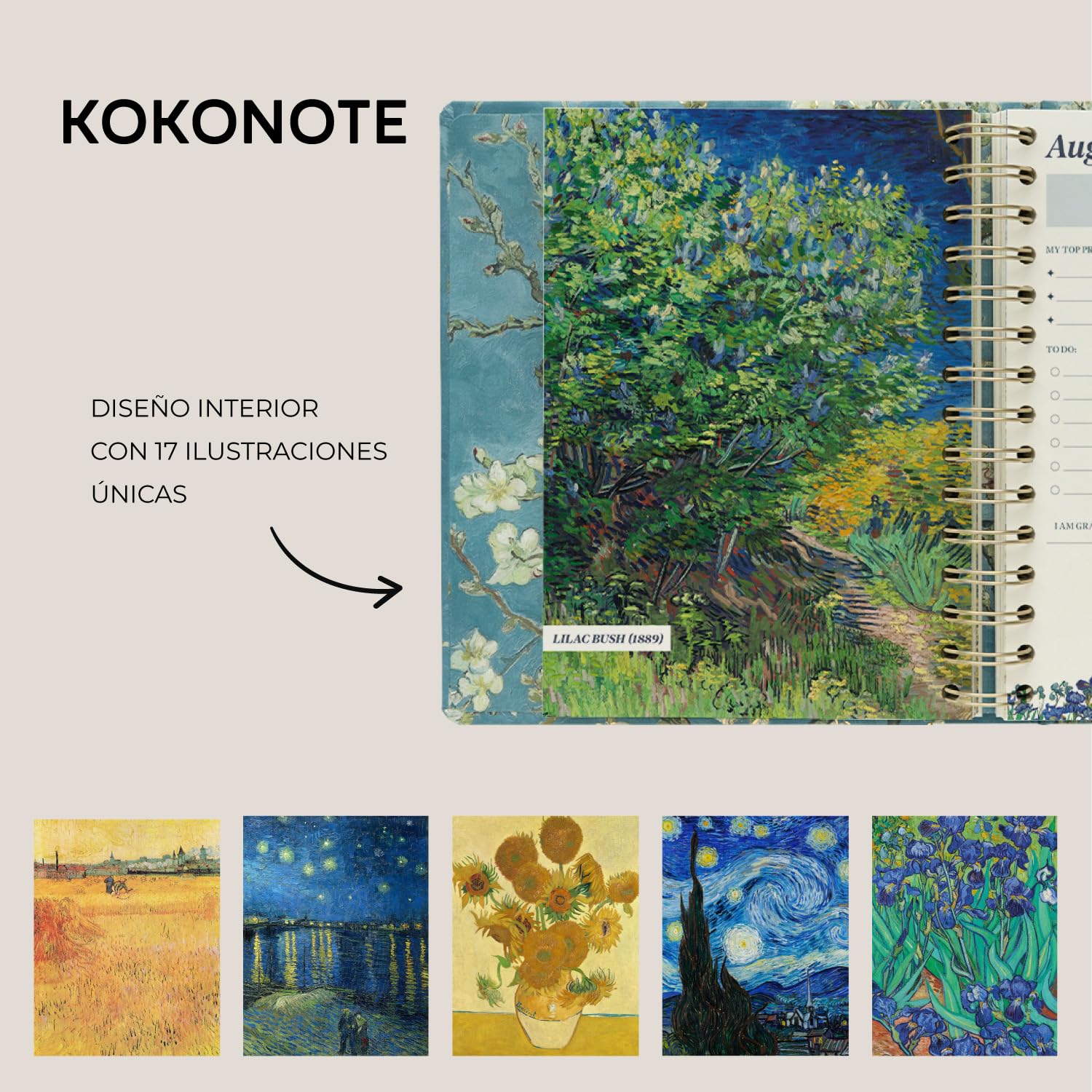 Kokonote Agenda 2026 2027 Semana Vista Van Gogh - Agenda Escolar Universitaria u Oposiciones |Págs. Alto Gramaje| Con Anillas, Ilustraciones Arte, Pegatinas, Planificador Mensual, de Gastos…[17 MESES]