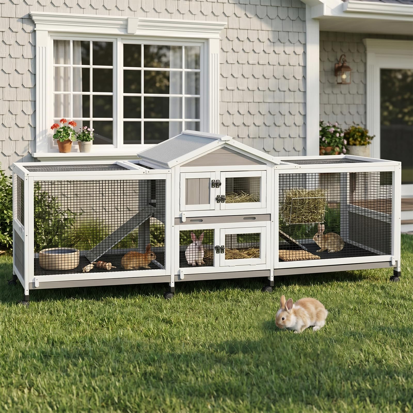 PetsCosset Double Rabbit Hutch with Dual Side Runs