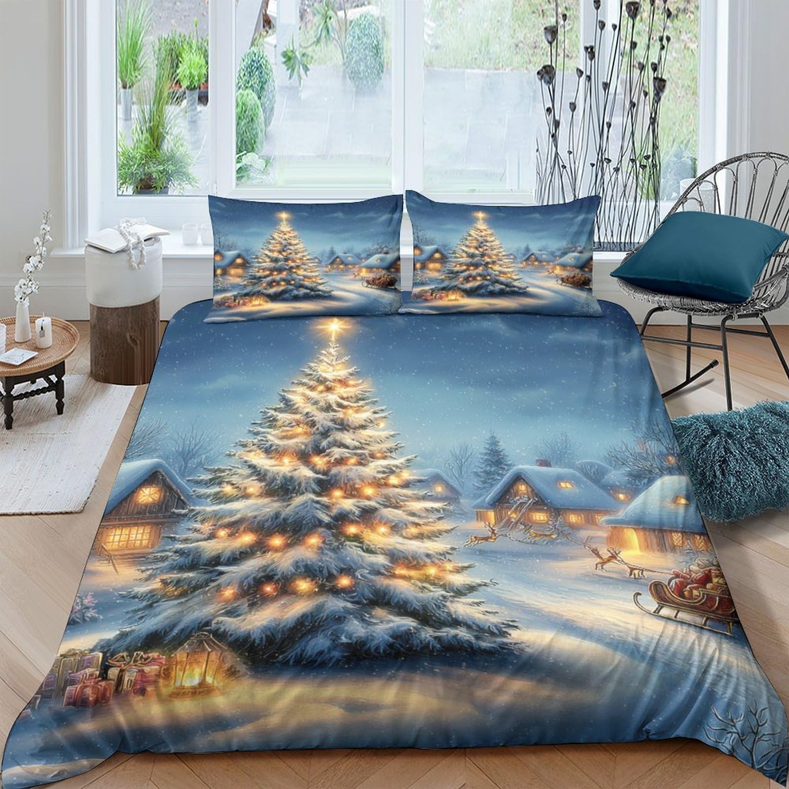 Ctjqhvkz Style-10 3D Printed Snowy Christmas Tree Fitted Sheet Microfiber Soft Winter Village Bed Cover For Bedroom Guest Room Decor Single（135X200cm）