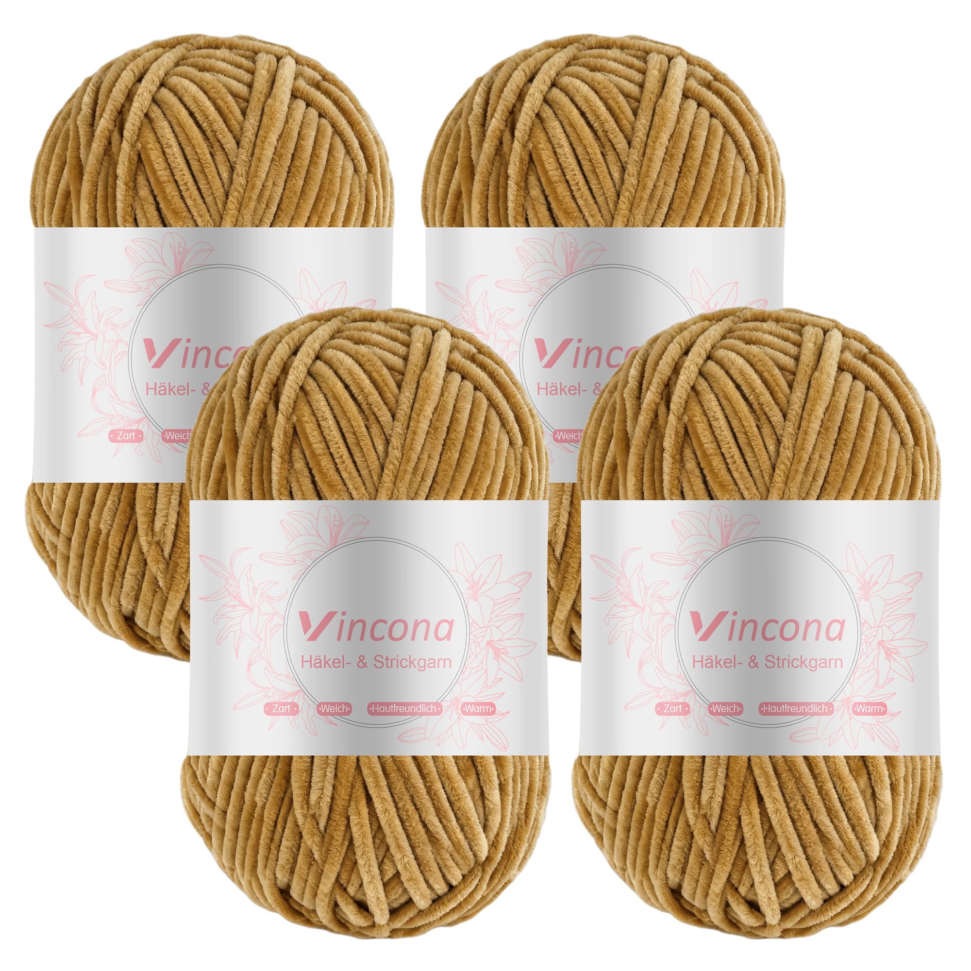 Vincona Chenille Yarn 4 x 100g Super Soft Chunky Yarn for Knitting and Crochet Yarn Clothes, Handbag, Shoes Hats Sweaters Blankets Scarves，DIY- Ideal for Beginners Adults Khaki