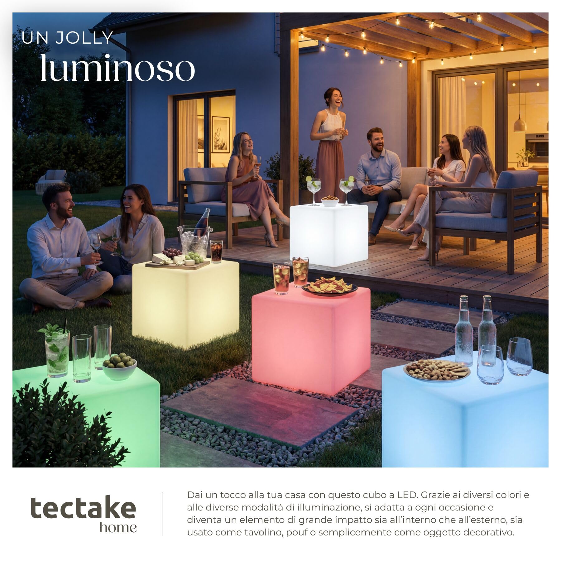 tectake® Cubo luminoso LED, Lampada da terra, luci da esterno e interno RGB 16 colori, telecomando, polietilene resistente, tavolino o pouf esterno luminoso, luci giardino decorative - S - 35x35x35 cm