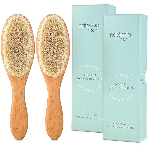 Natemia Paquete de 2 cepillos de madera para el pelo del bebé, cerdas suaves naturales para recién nacidos y niños pequeños, cuidado suave de la