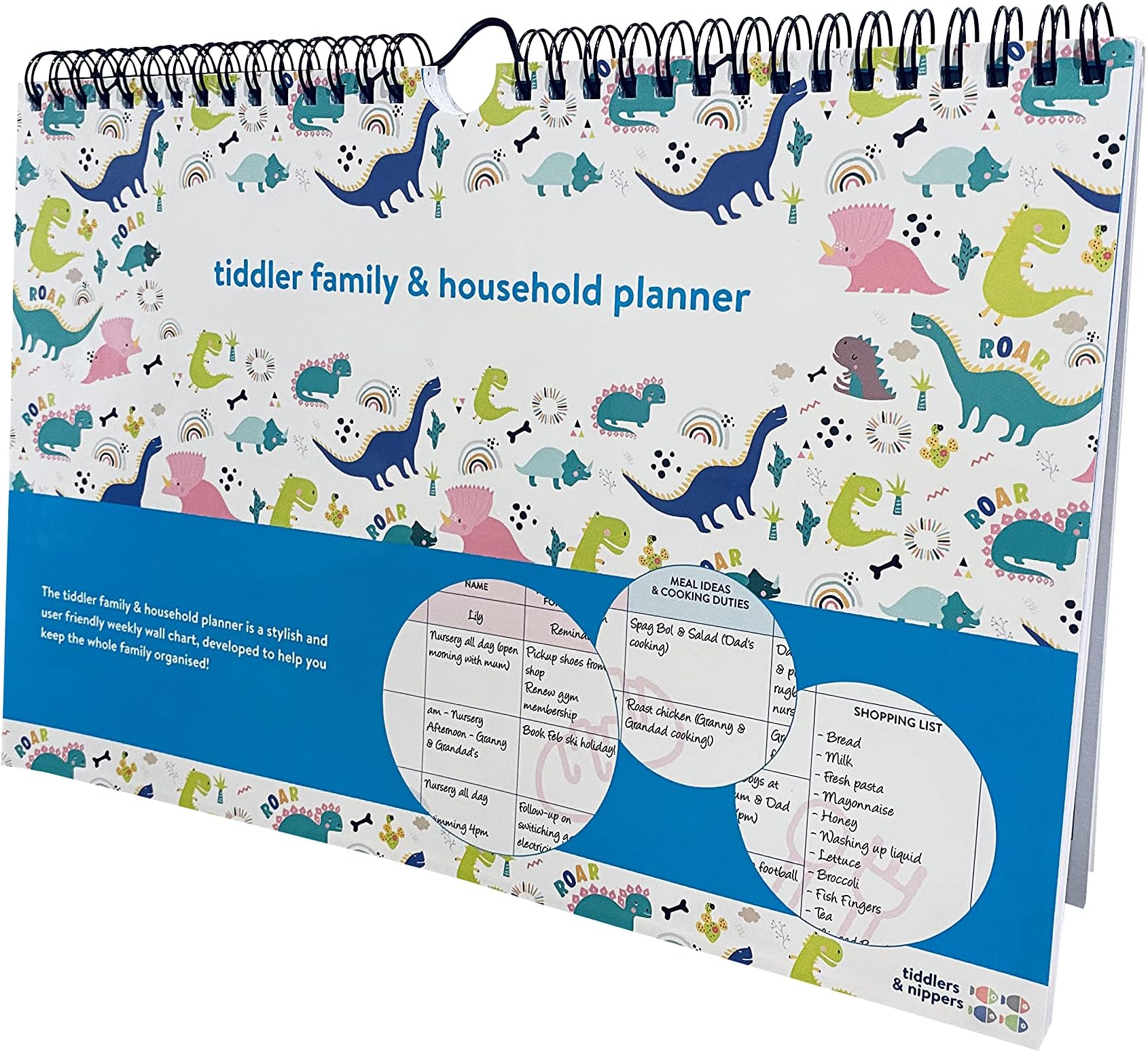 tiddler family & household planner | Undated Weekly Family Organiser/Planner Calendar | Clever Layout in A4 Size | Space For 6 People & 1 Years Planning | Packed With Useful Features (Dinky Dinos)