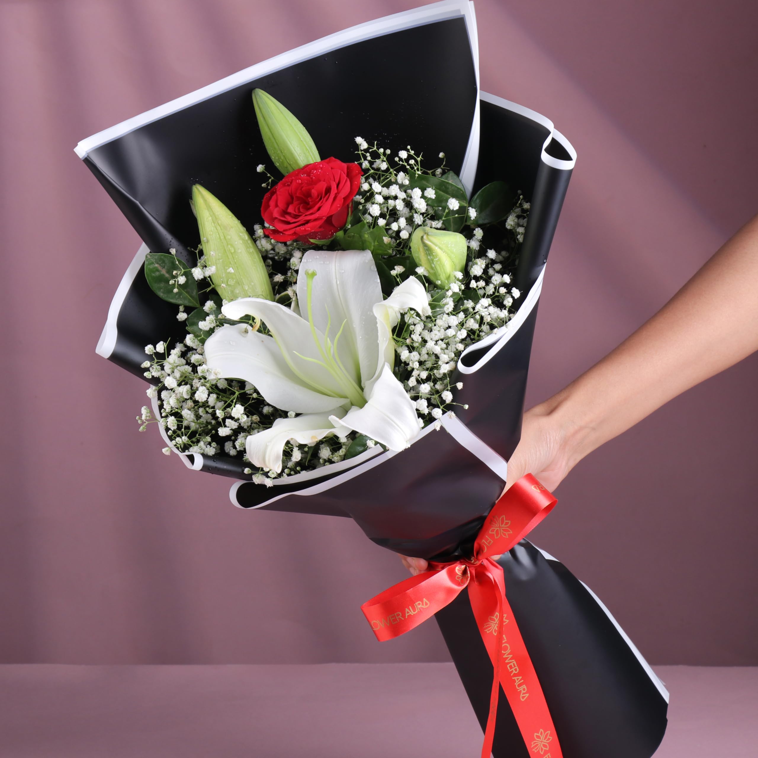 FlowerAura Premium Fresh Live Flower Bouquet of Rose & Lily In Designer Black Paper Packing Gift For Birthday | Anniversary | Wedding | New Year | Rose Day | Valentine's Day (Same Day Delivery)-image-46