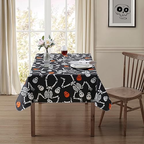Miniatura 2 de Serafina Home Mantel de vinilo de Halloween vinilo PEVA con mantel de respaldo de franela reutilizable (Skelly, 60 x 90 pulgadas)