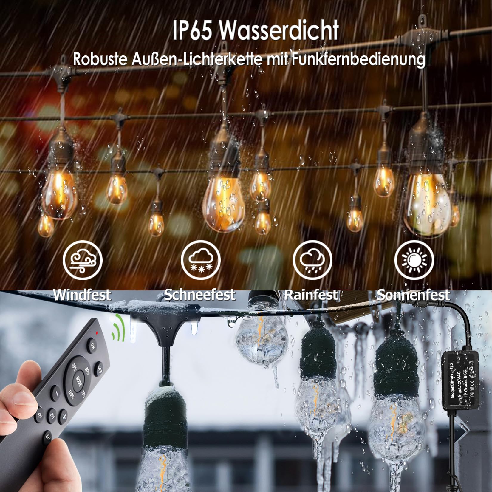 30M LED Lichterkette Außen E27 IP65 mit Funkfernbedienung & Dimmfunktion | S14 Stromlichterkette mit 32 birnen, 2700K Warmweiß, Dimmung & Timer & 3 Lichtmodi, Ideal für Terrasse, Garten und Hochzeiten