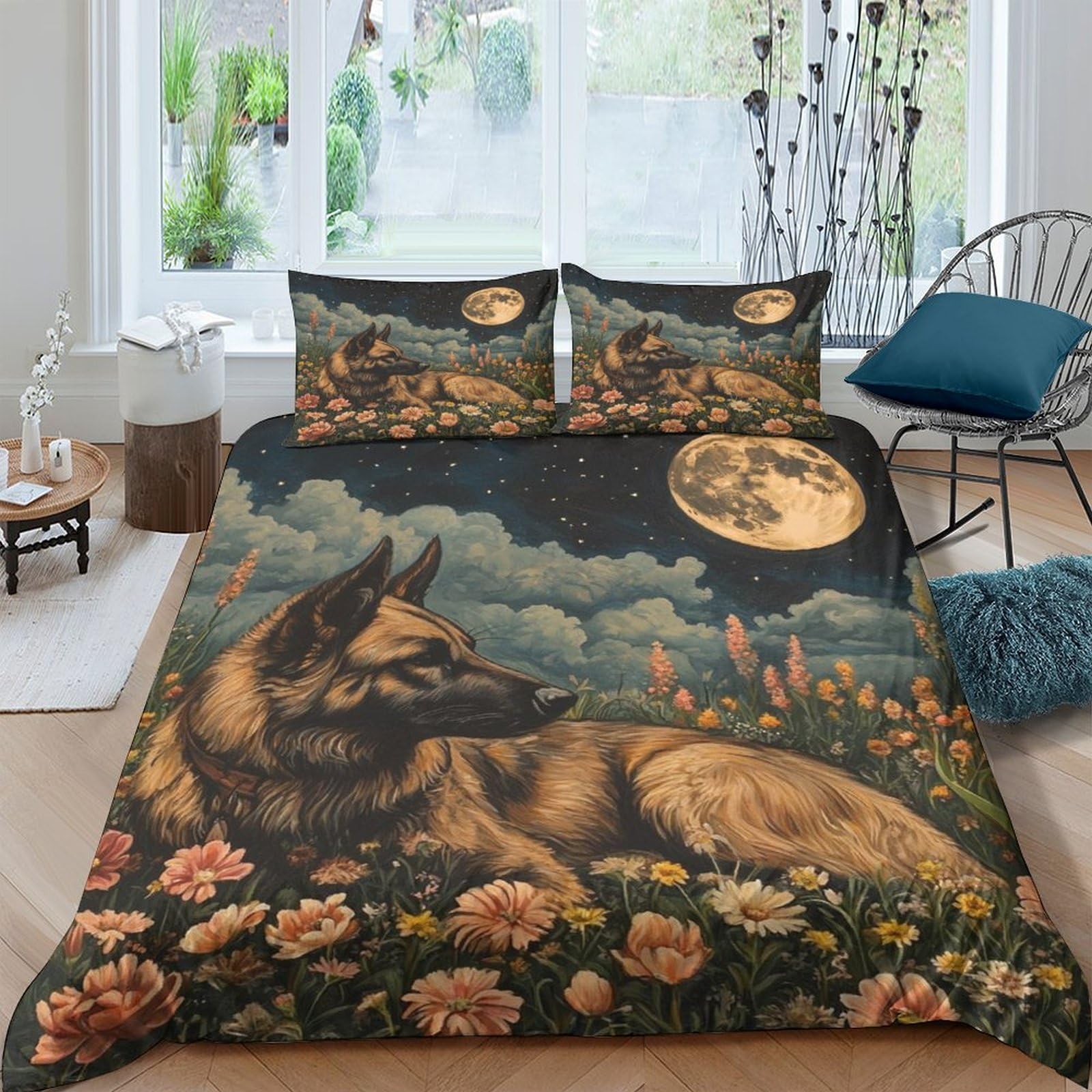 Ctjqhvkz Style-6 3D Printed German Shepherd Night Sky Fitted Sheet Microfiber Soft Mattress Cover Floral Bedroom Decor Easy Care Single（135X200cm）