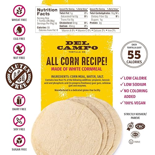 Miniatura 2 de Del Campo Tortillas de maíz suaves, Bolsa redonda de 6in, 1lb lb. Auténtica comida mexicana de maíz 100% natural, sin gluten Opciones para servir