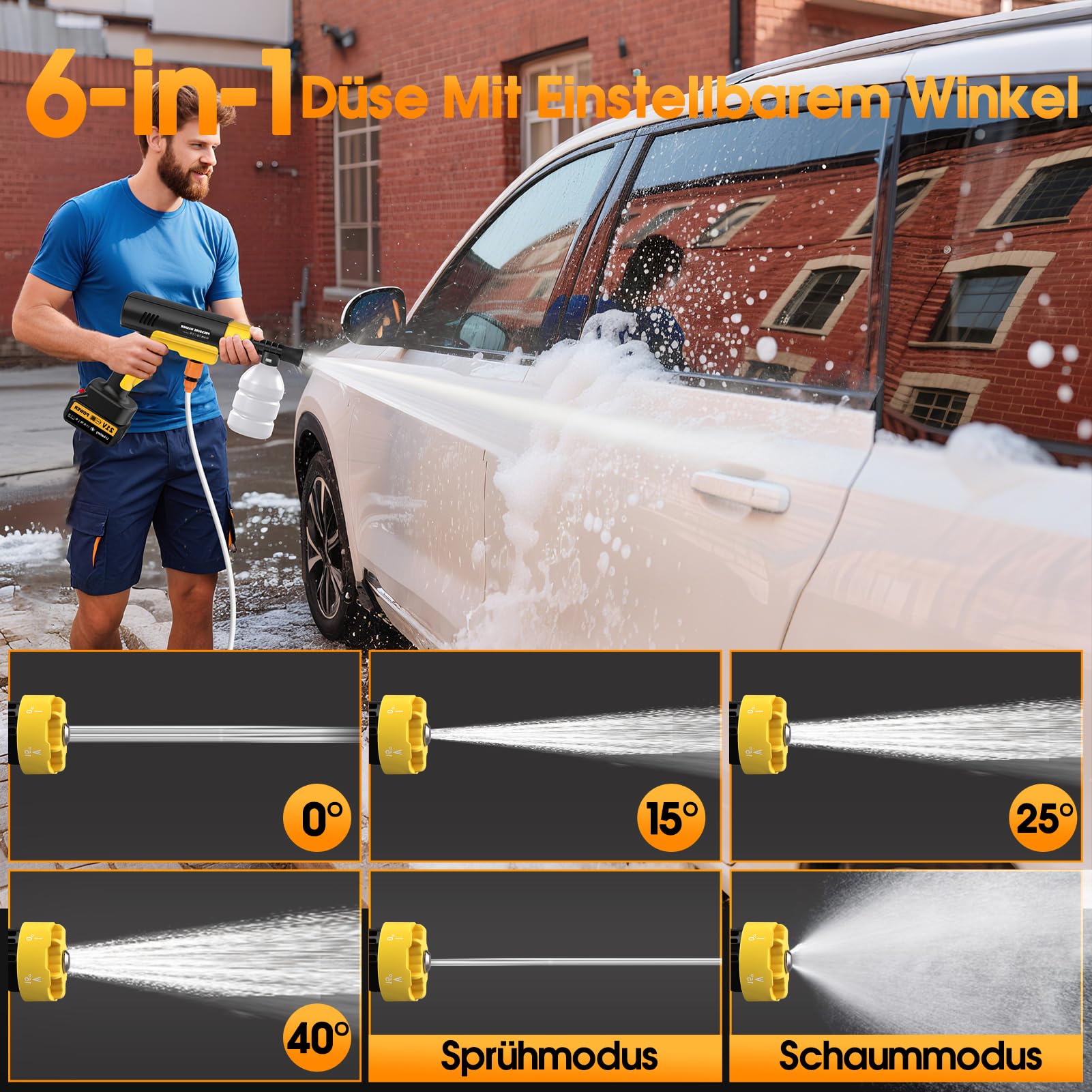 21V Hidrolimpiadora Bateria, 130Bar/1880PSI, 8L/min, 6 en 1 Boquilla con 5M Manguera, 2×3.0Ah Baterías, Alcance 12m para Coche Patio Jardín Limpieza Suelos (con Caja de Herramientas)