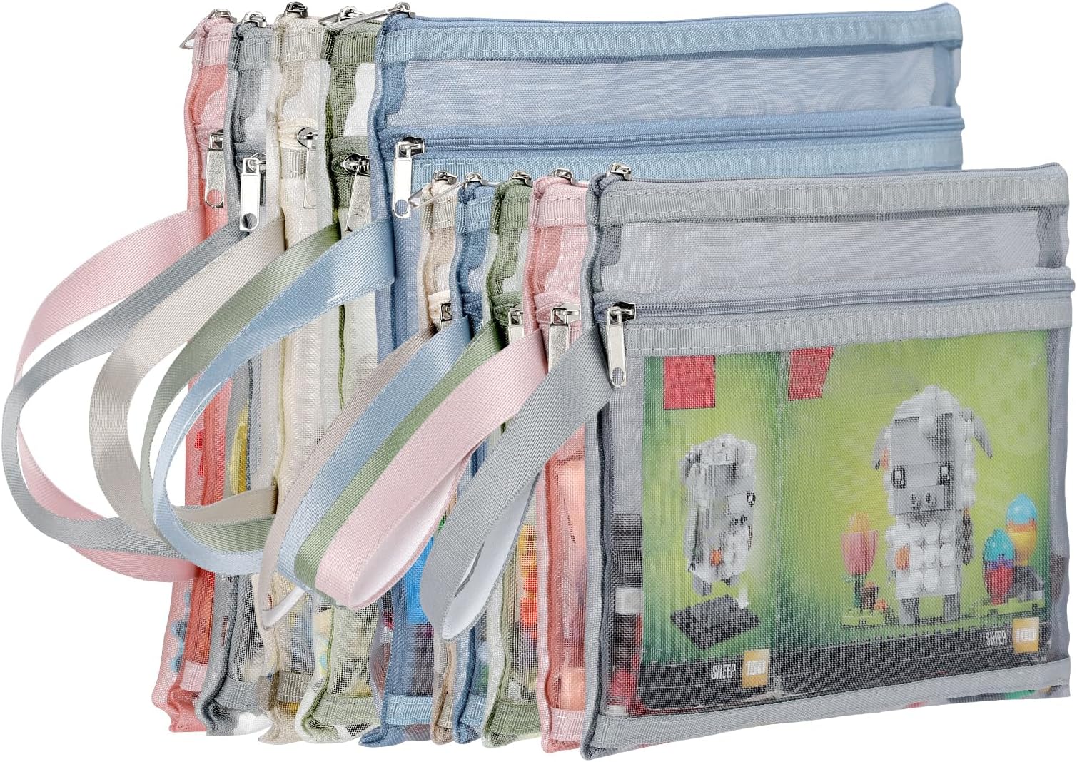 Colored Mesh Zipper Pouch Bags, 5pcs A4&5pcs A5 Double-Layer Nylon Puzzle Building Block Sets Toy Storage & Organization, Breathable See Through Pouch with Handle pocket for School Office Games