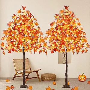 2 Pack 6FT Artificial Lighted Maple Tree, Fall Decorations for Home with Timer, 300 LED Prelit Fall Decor Maple Tree with Warm White Light for Indoor Outdoor Harvest Halloween Thanksgiving Day, Orange