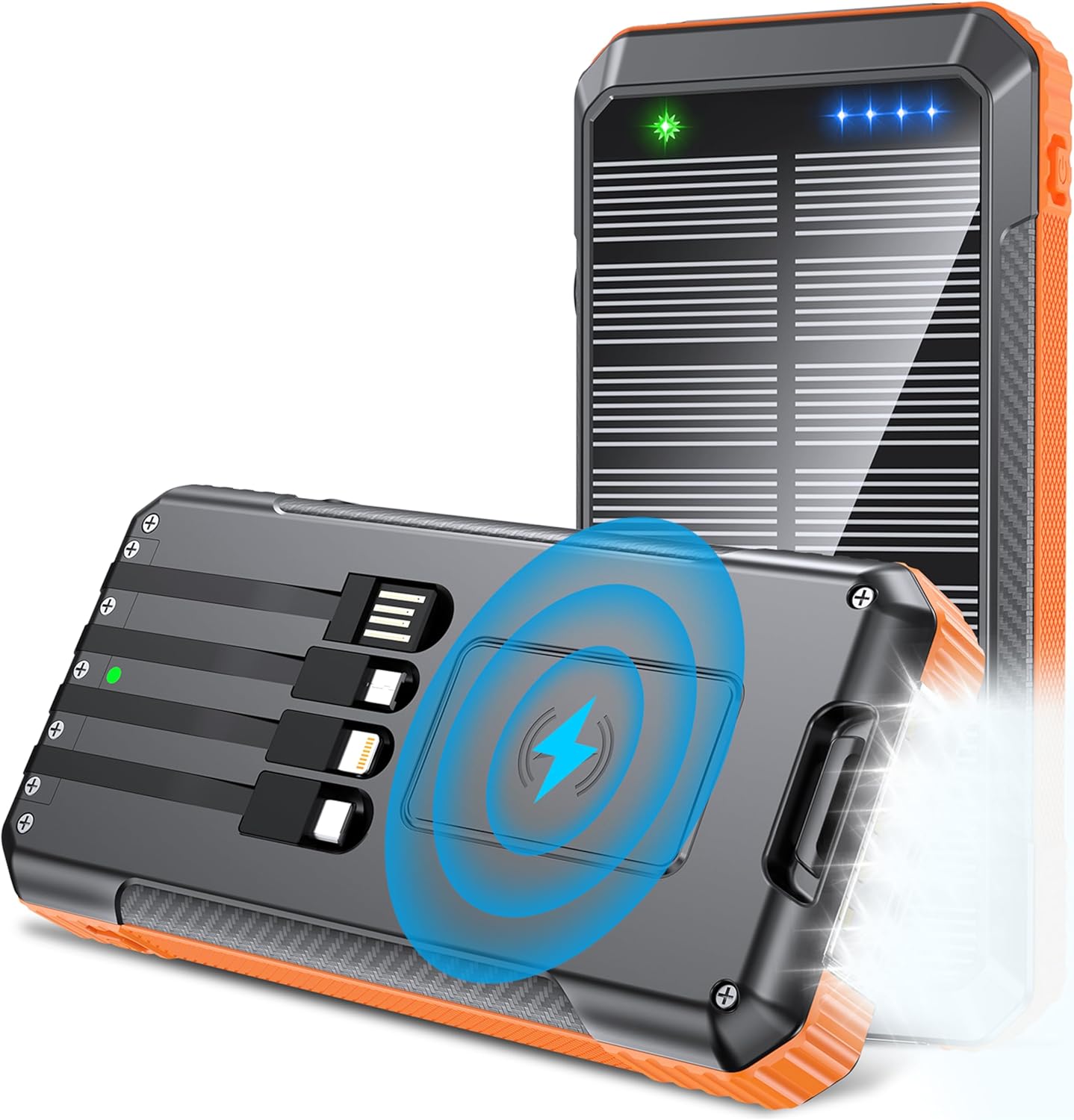 Power-Bank-Solar-Charger-Wireless Charger, 33800mAh Portable Charger 20W Fast Charging External Battery for All Mobile Devices,Three Inputs Solar Portable Charger with Dual Flashlights (Orange)