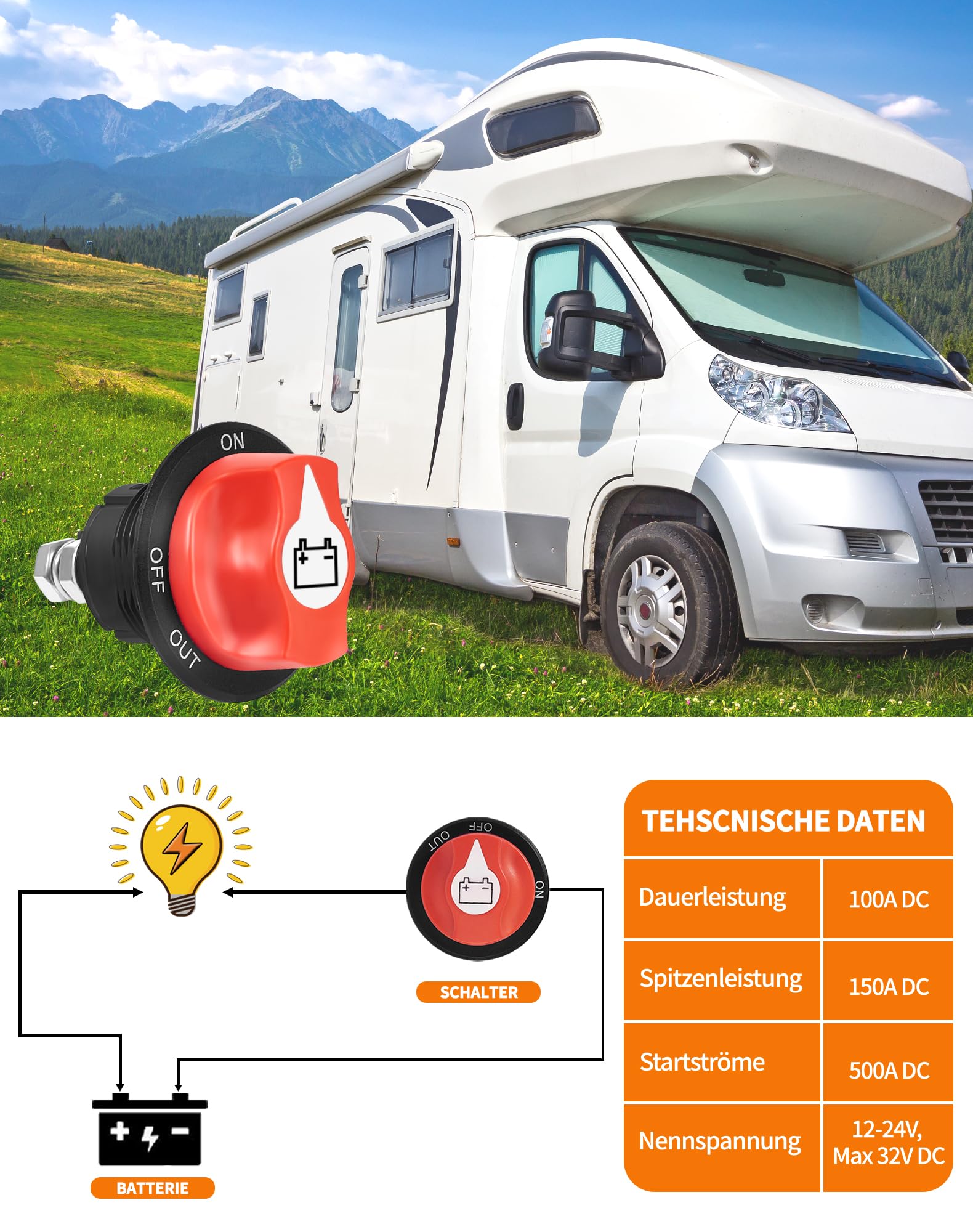 Yotutun Coupe-Circuit Batterie 12V 100A – Interrupteur De Déconnexion Robuste ON-OFF-OUT Pour Voiture, Moto, Bateau, Camping-Car Et Marine