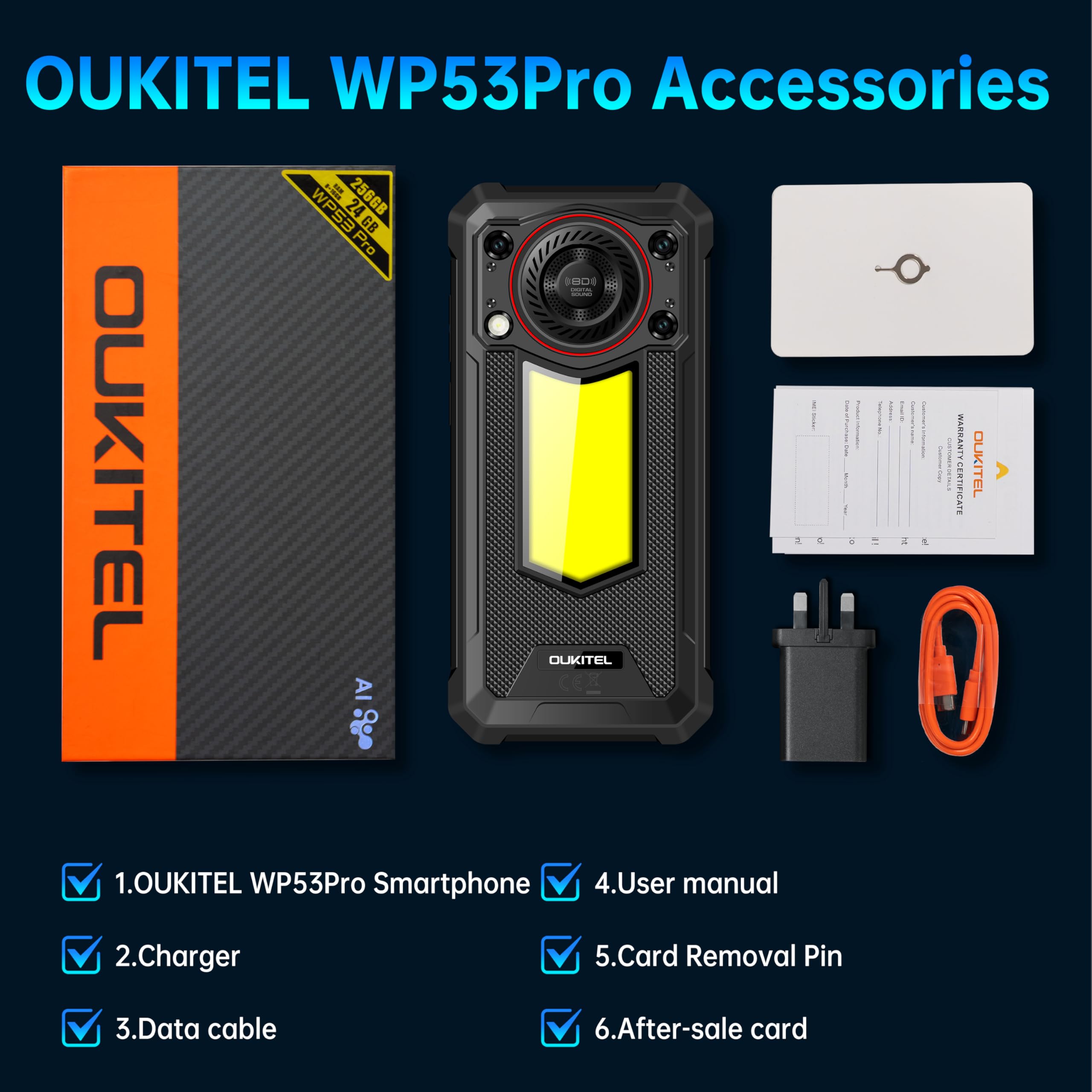 OUKITEL WP53 Pro Rugged Phone Unlocked Android 15-24GB+256GB Rugged Smartphone with Camping Light, 11000mAh Battery 128dB Louder Speaker, 6.52" HD+ Phone, 50MP Main Camera Waterproof Cell Phone NFC