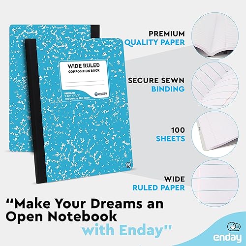 Miniatura 2 de Enday Cuadernos de composición de papel de rayas anchas, fundas de cuaderno de composición de mármol de colores, 100 hojas (200 páginas), libros de