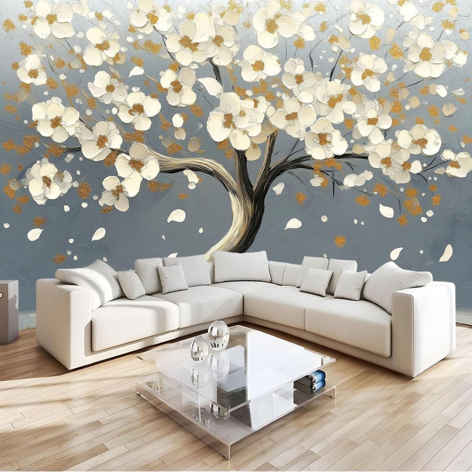kfjhgbdshhj Photo Wallpaper Oil Painting White Flowering Tree Non-Woven Wallpaper wall Covering Modern wall Decor Design wall Decoration Living Room Bedroom, Grey, 250cm x 175cm