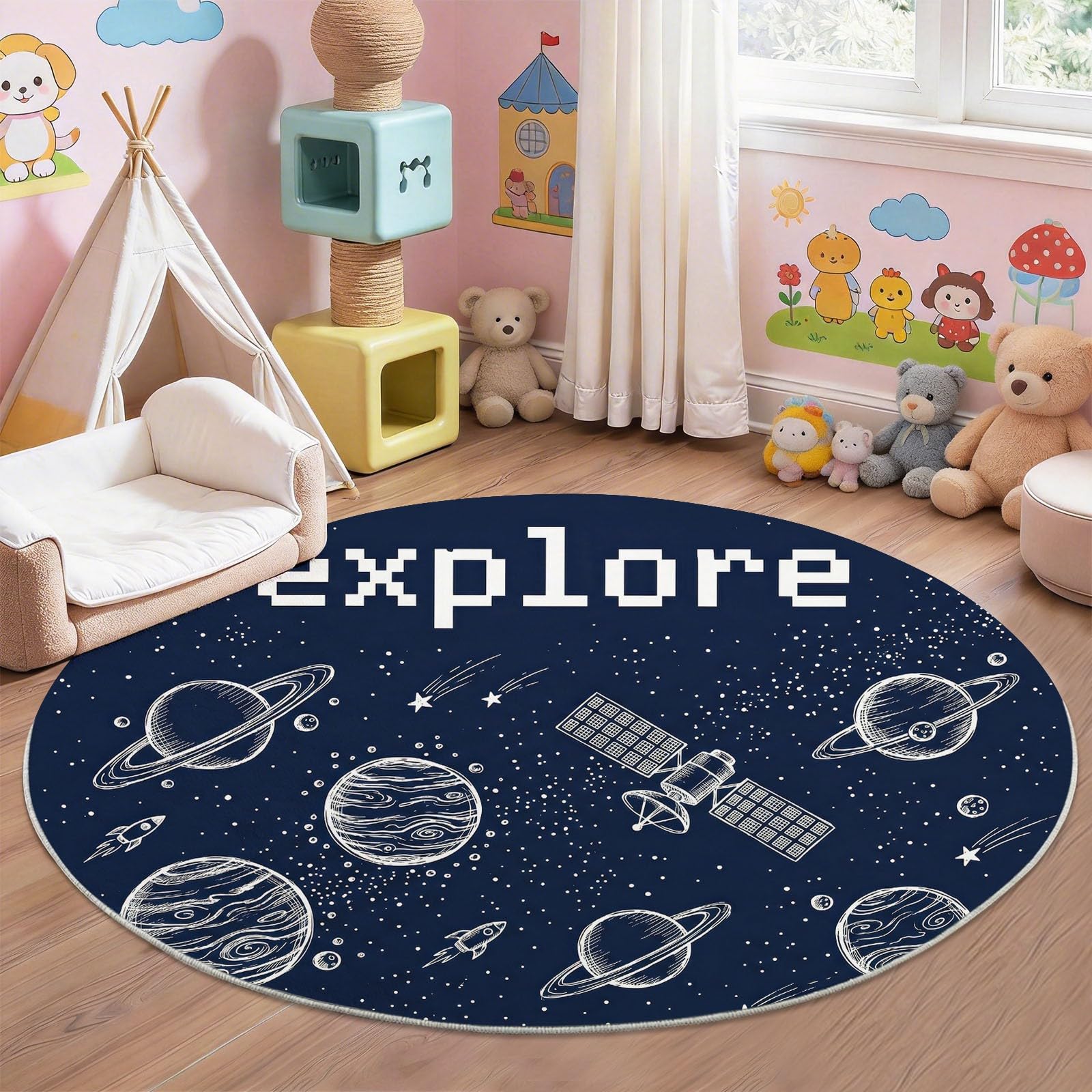 Space Modern - Alfombra redonda de 120 cm, lavable, diseño de galaxia cósmica, alfombra para habitación infantil, alfombra de juegos para bebés, niños y niñas, alfombra antideslizante suave, color