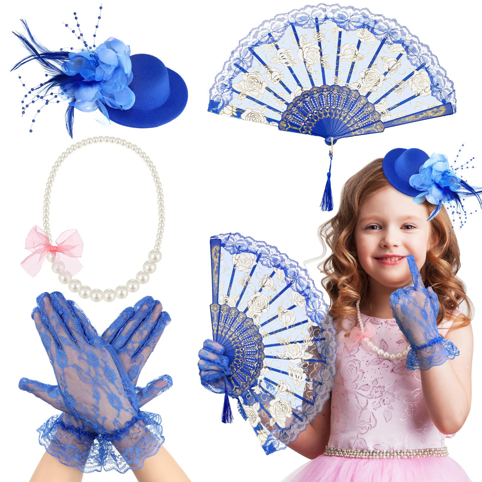 Sintege 4 Pcs Girls Tea Party Set Girls Tea Party Accessories Gloves Hats Necklace Fans for Toddler