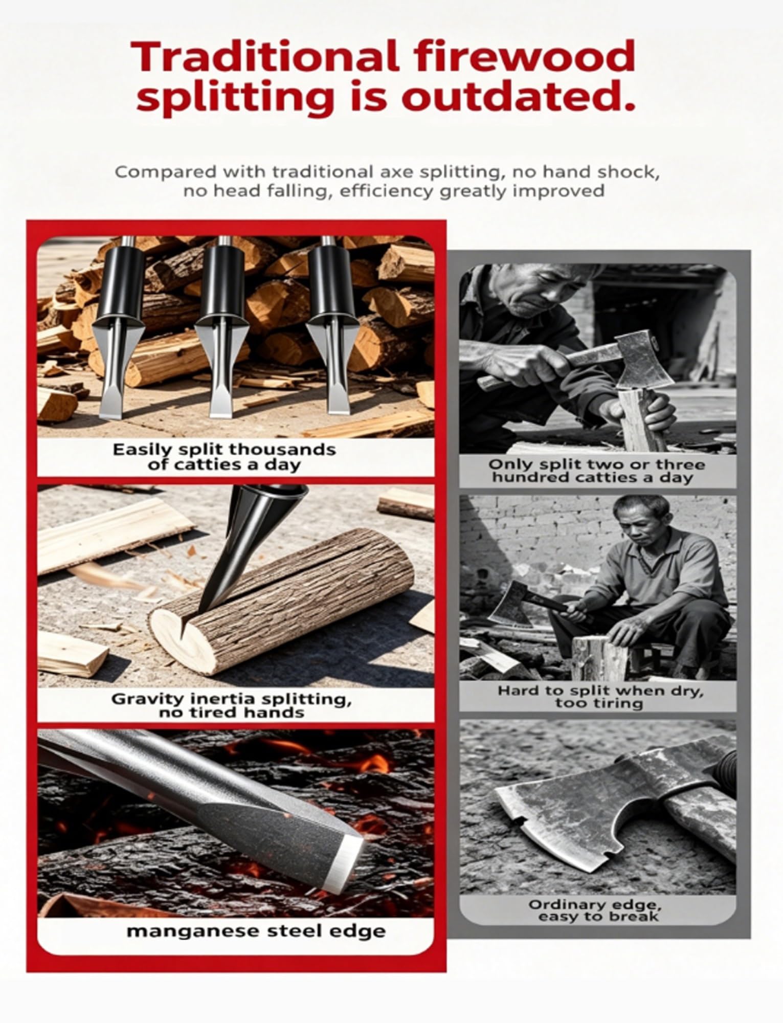 Fendeuse à bois manuelle portable robuste en acier au manganèse pour bois de chauffage, camping et utilisation en extérieur, coupe efficace pour la cheminée et la préparation du bois de chauffage