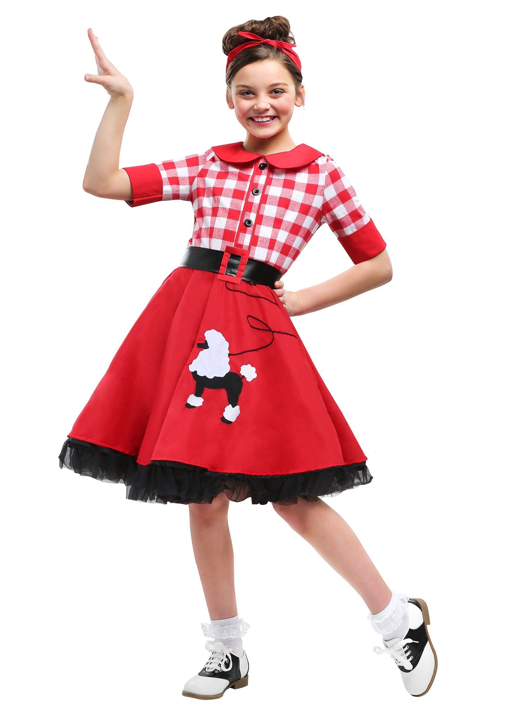 Girls 50s Sock Hop Darling Costume Dress, 1950s Vintage Sock Hop Dress With Gingham Top, Red Poodle Skirt, Scarf, And Belt