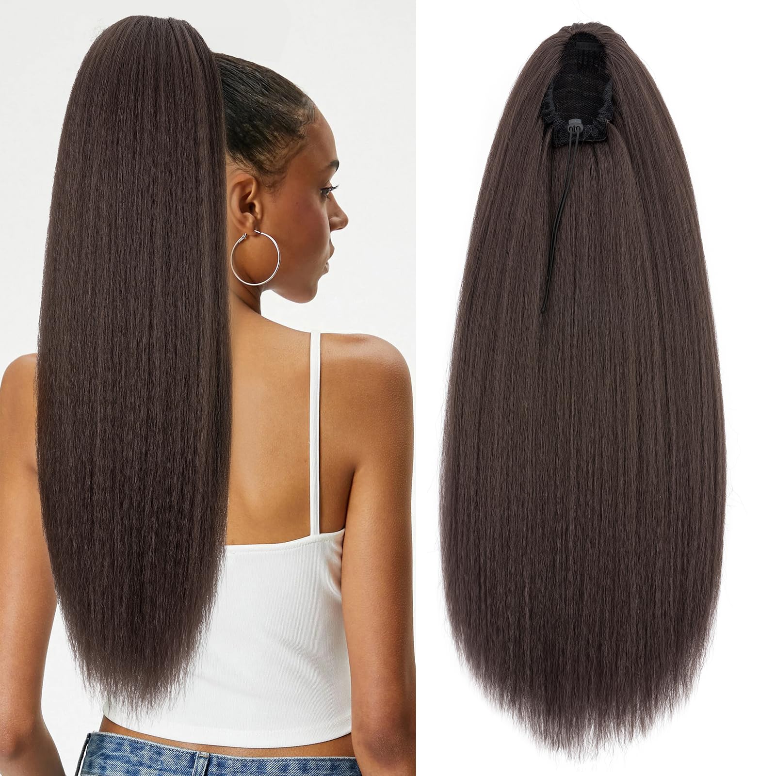 TESS Drawstring Clip in Ponytail Hair Extensions for Women UK Straight 24 Inches 140g #04 Medium Brown, U Chocolate Brown