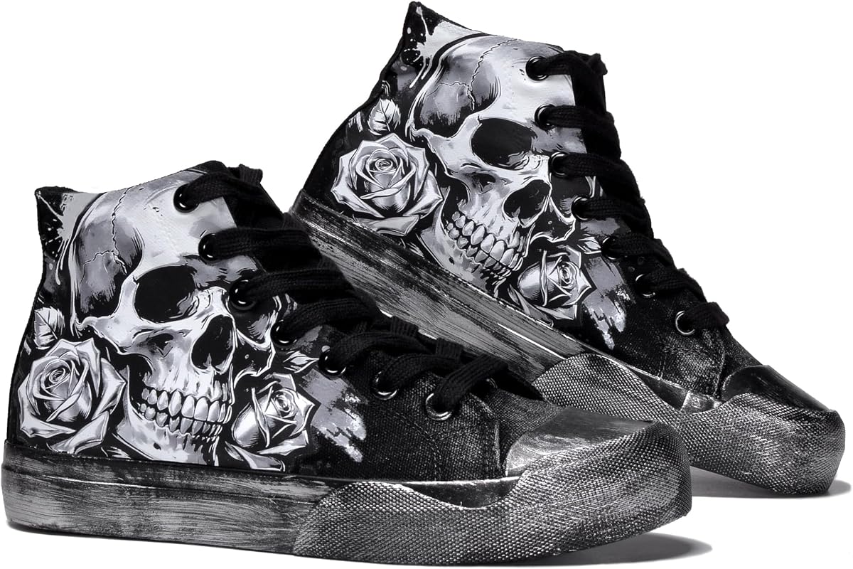 Spooky Halloween Skull High Top Lace Up Canvas Walking Shoes | Unisex Gothi Skeleton Canvas Sneakers,Retro Punk Shoes for Streetwear,Casual and Breathable Black Tennis Shoes