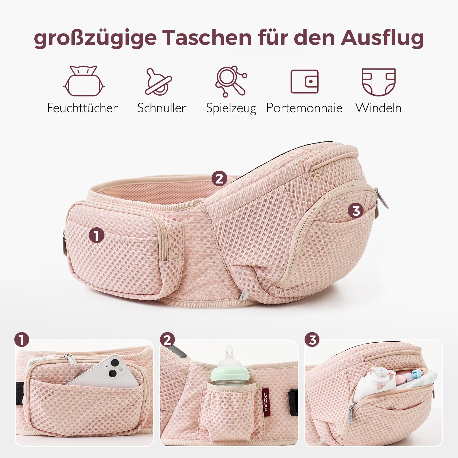 Momcozy Babytrage mit Hüftkissen 2-in-1 bis 20kg Rosa | 6 Tragepositionen, abnehmbarer Hüftsitz, 3D-Mesh, verstellbar bis 120cm