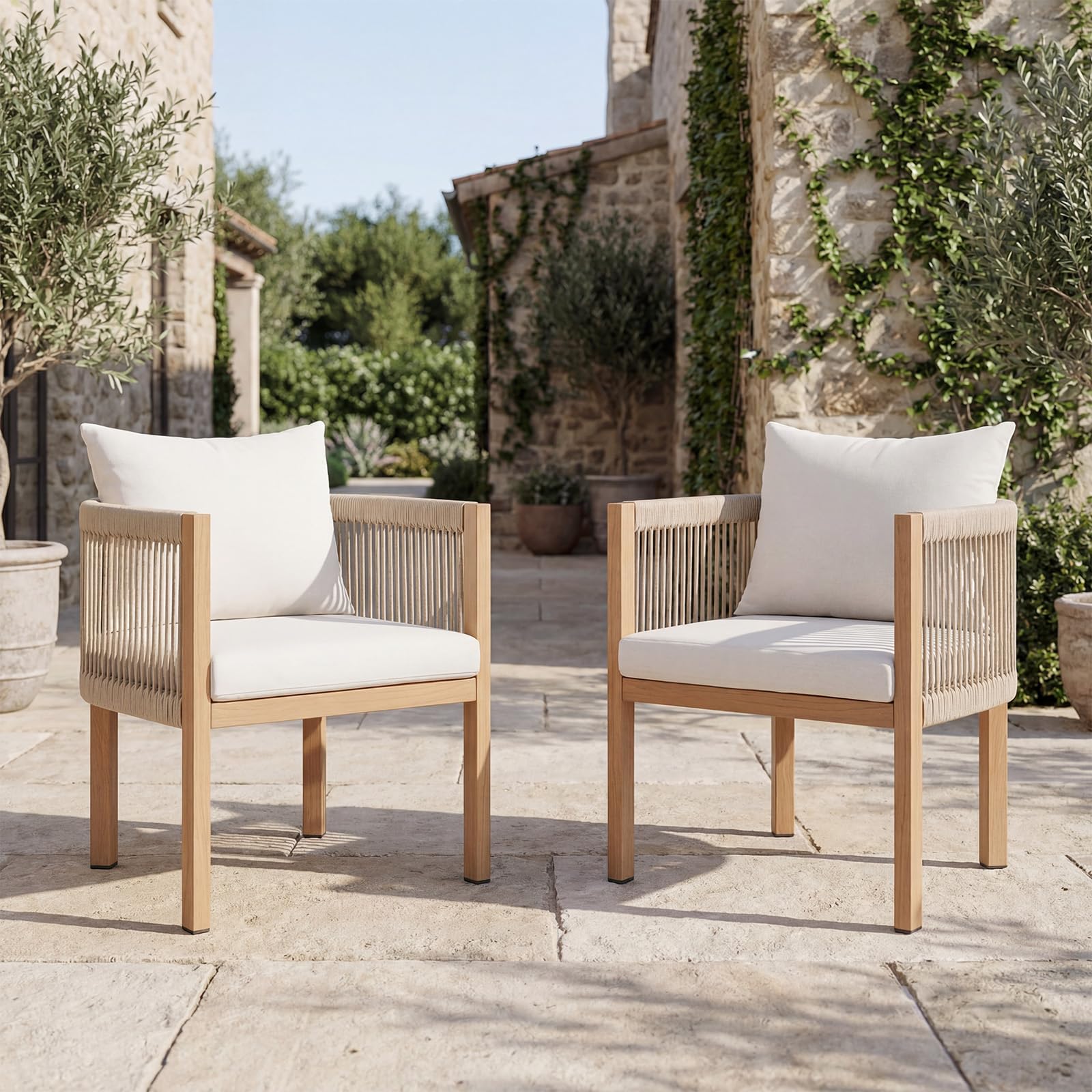 Ya-Home Juego de 2 Sillas Jardín Exterior con Brazos,Beige | Nórdico, Impermeable, Respaldo PE Trenzado, Estructura Metálica Acabado Madera, Cremalleras, para Terraza/Jardín/Interior