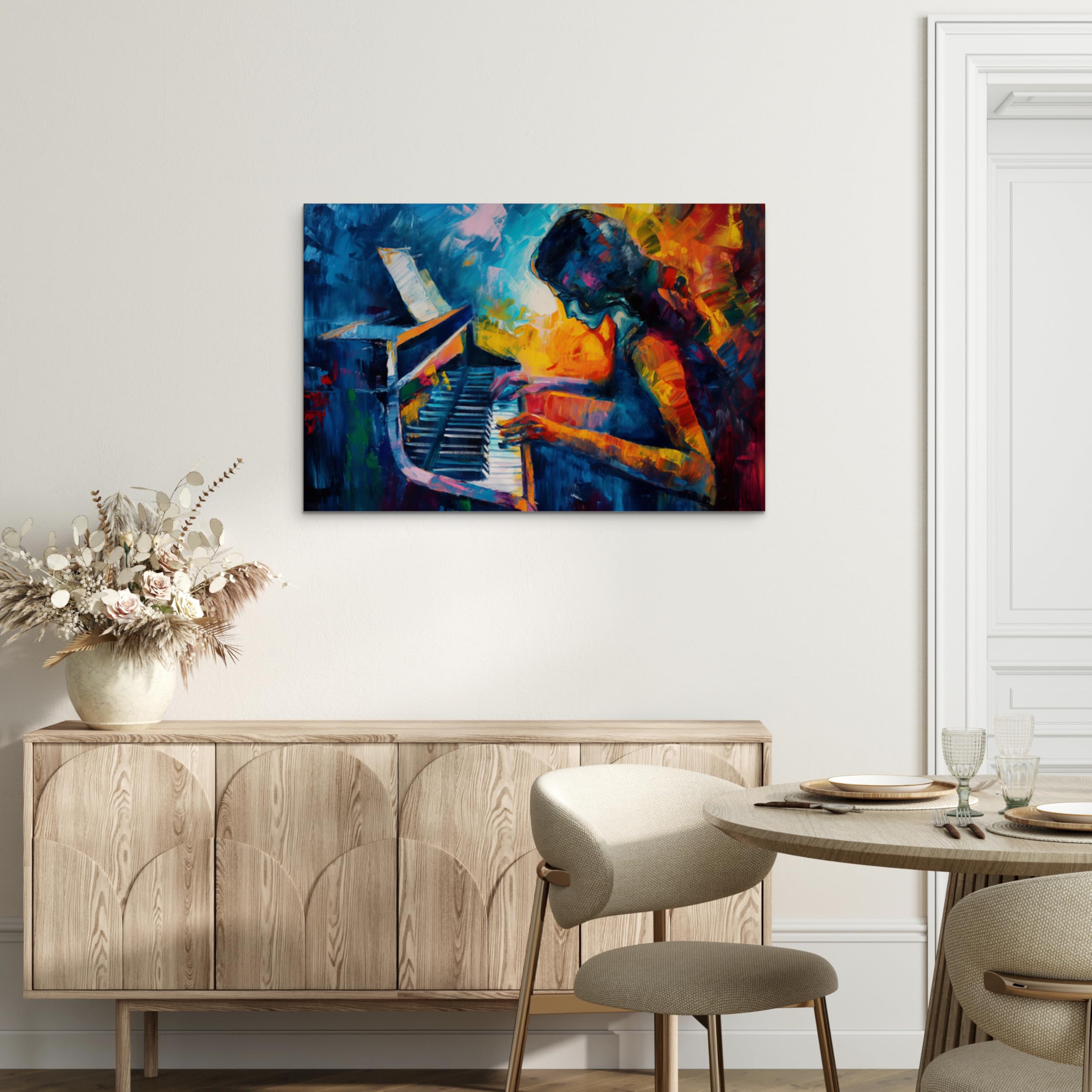 WALLERO Cuadro en lienzo Pianista piano expresionismo – Decoración de pared moderna e impresión artística | Cuadro para salón dormitorio cocina recibidor 50x75 cm