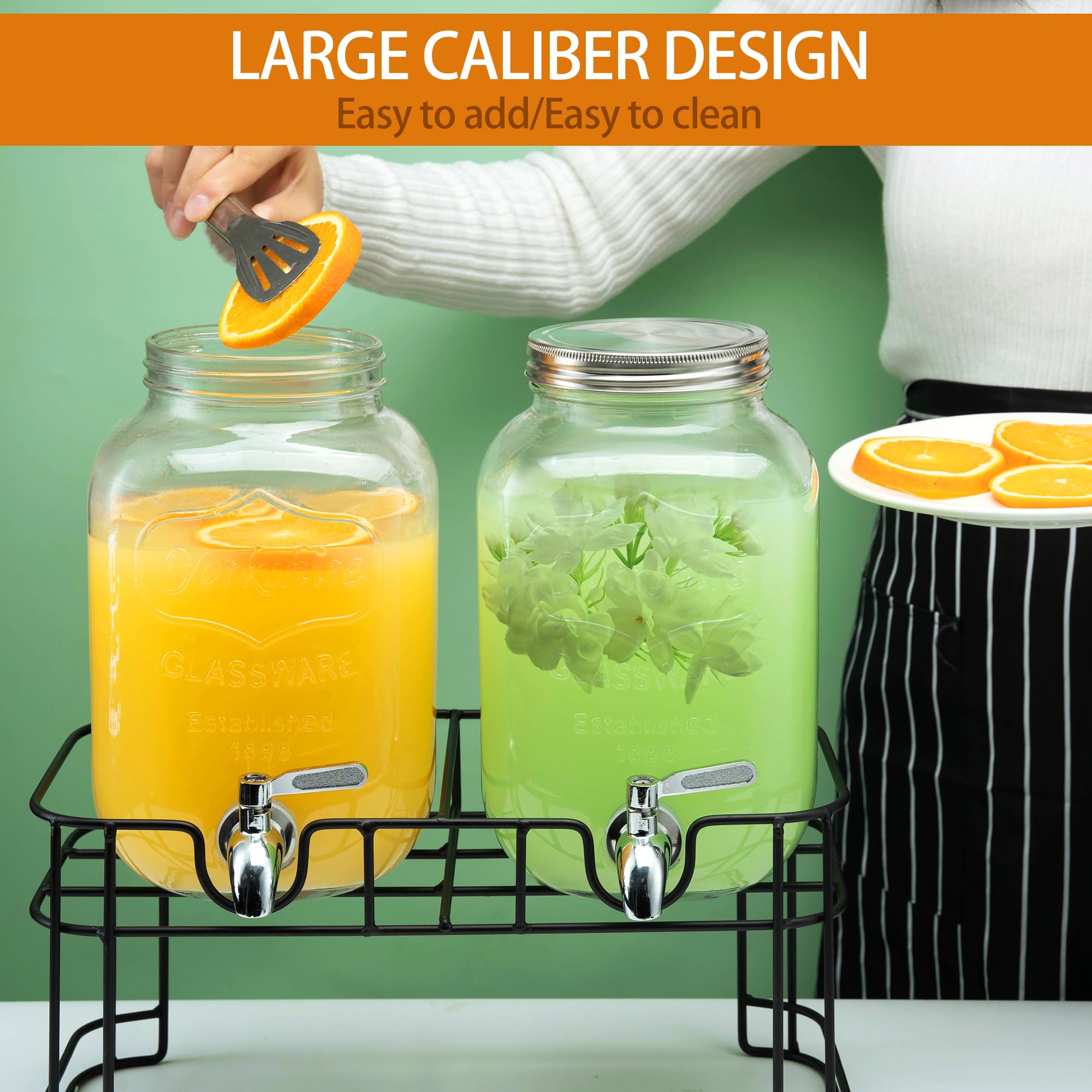 Dispensadores de bebidas de vidrio de 1 galón para fiestas, dispensador de bebidas con soporte, cilindro de hielo y espiga de acero inoxidable, 100% a prueba de fugas, dispensador de bebidas para