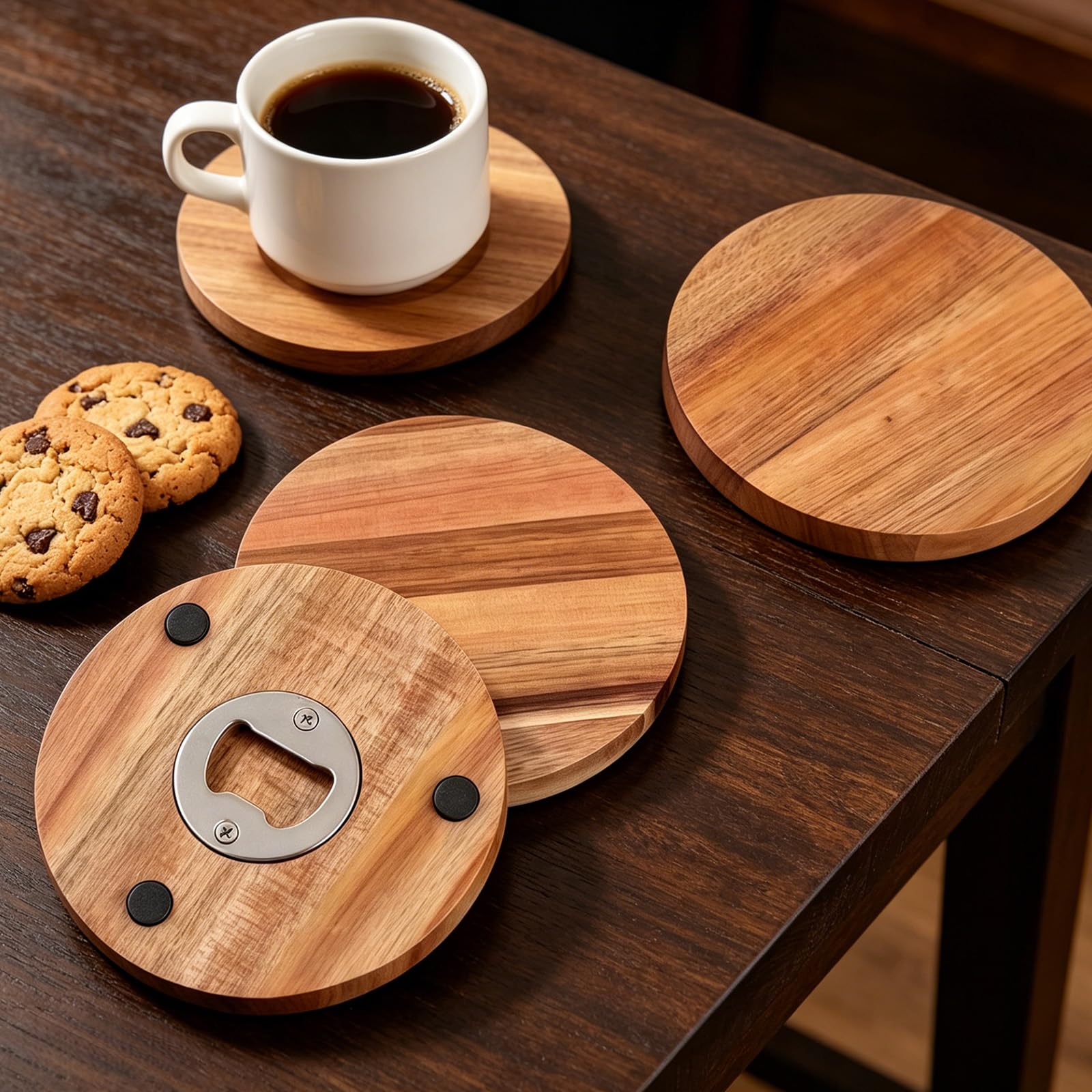 sous-Verres en Bois avec ouvre-Bouteille Rond avec, 8 Pack