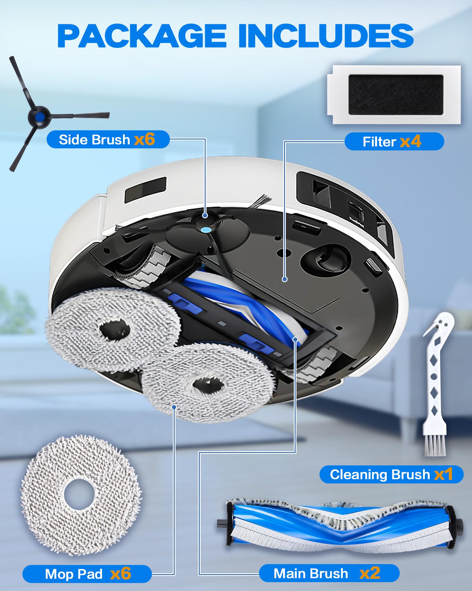 19 Pezzi Accessori per ECOVACS T30 Omni/ T30 PRO Omni Robot Aspirapolvere, Kit di Ricambio con 2 Spazzole Principali, 4 Filtri, 6 Spazzole Laterali, 6 Panni Pulizia, 1 Spazzola di Pulizia