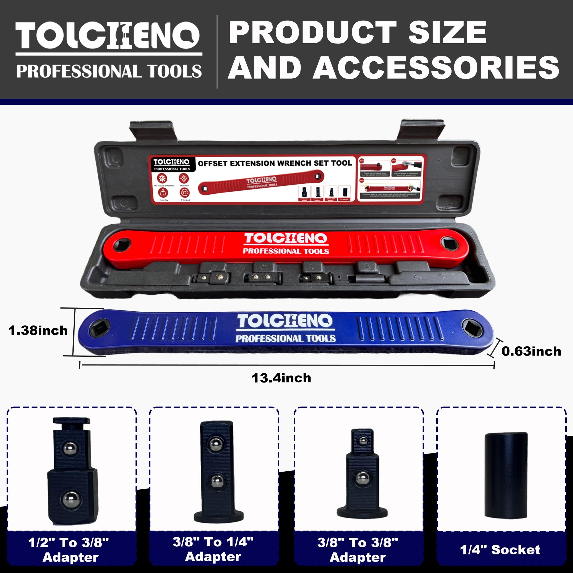 TOLCEHNO Offset Extension Wrench Set, Pro Zero Offset Extension Wrench Extender Tool with 1/4", 3/8" - Image 2