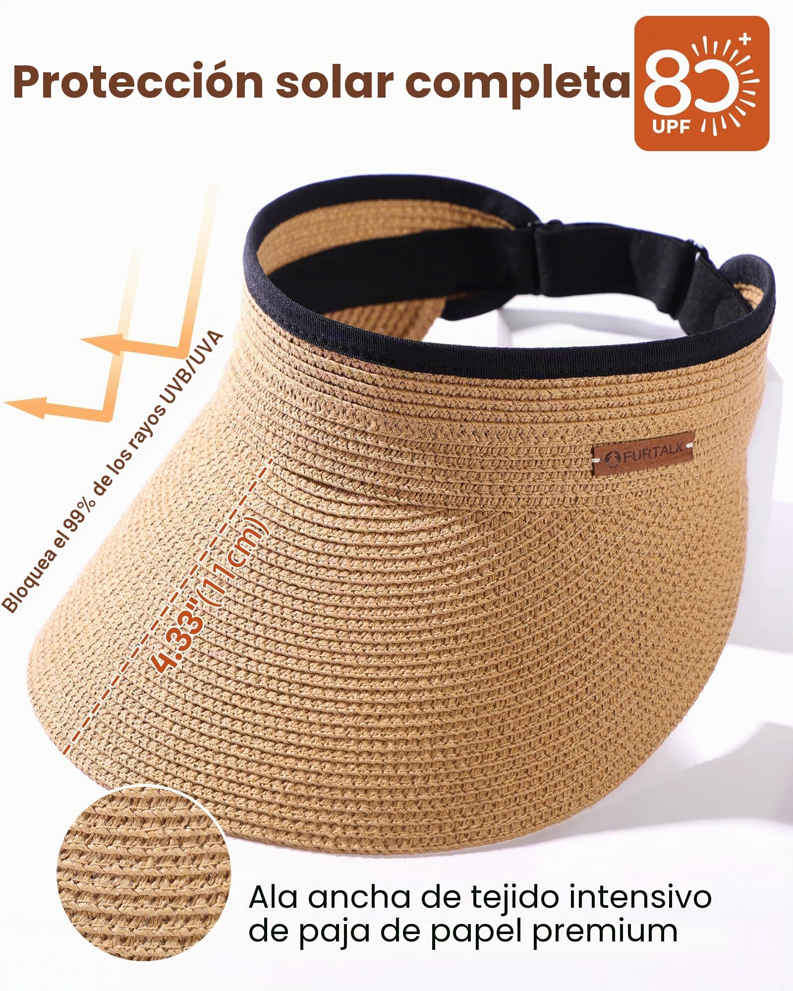 FURTALK Sombrero de Sol de Paja Plegable de ala Ancha con Visera UPF 50+ para Mujer