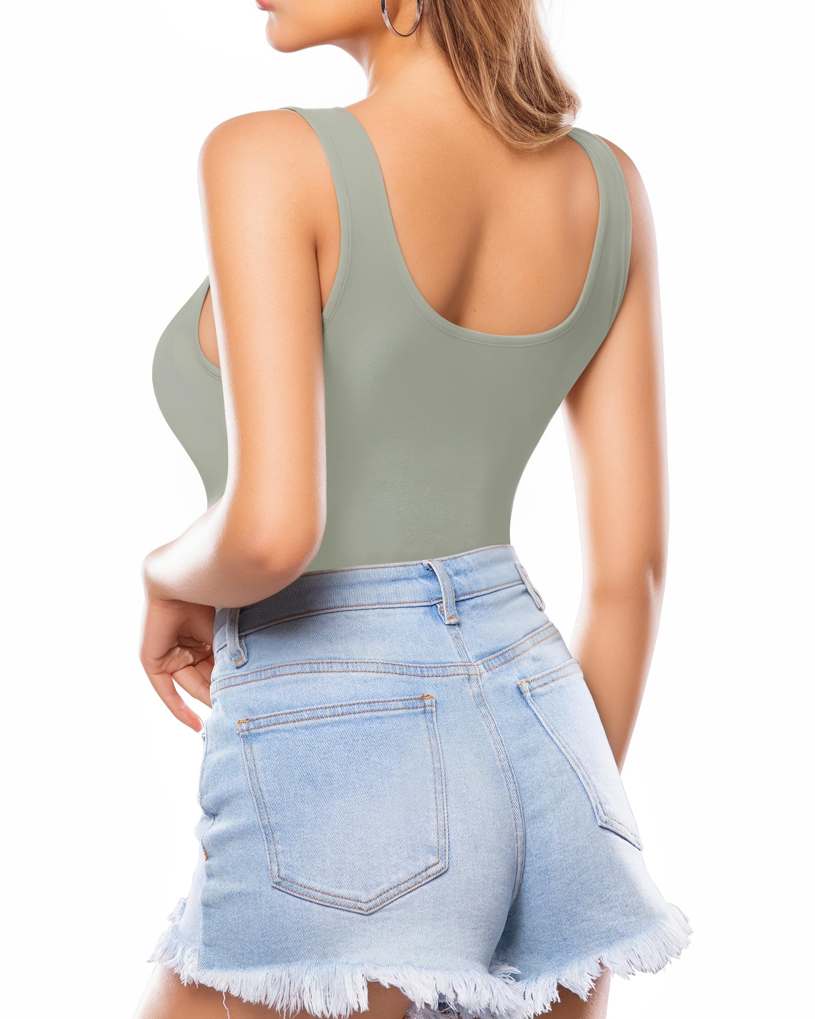 MANGOPOP Body da donna con scollo rotondo, senza maniche, sexy, a costine, schiena scoperta, tuta (grigio elefante, L), Elefante grigio, Large