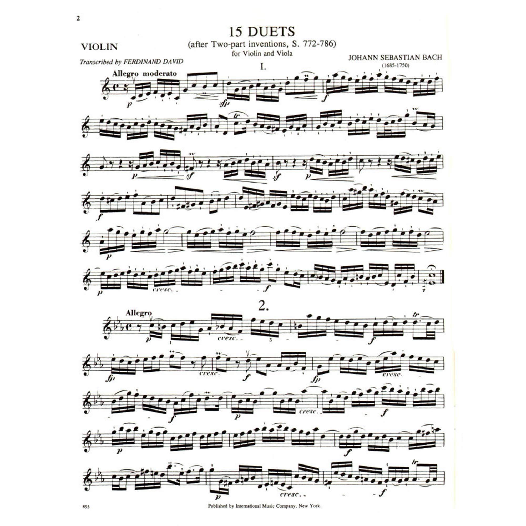 Bach, J.S. - 15 Duets After Two Part Inventions BWV 772 786 for Violin and Viola Arranged by David - Image 2