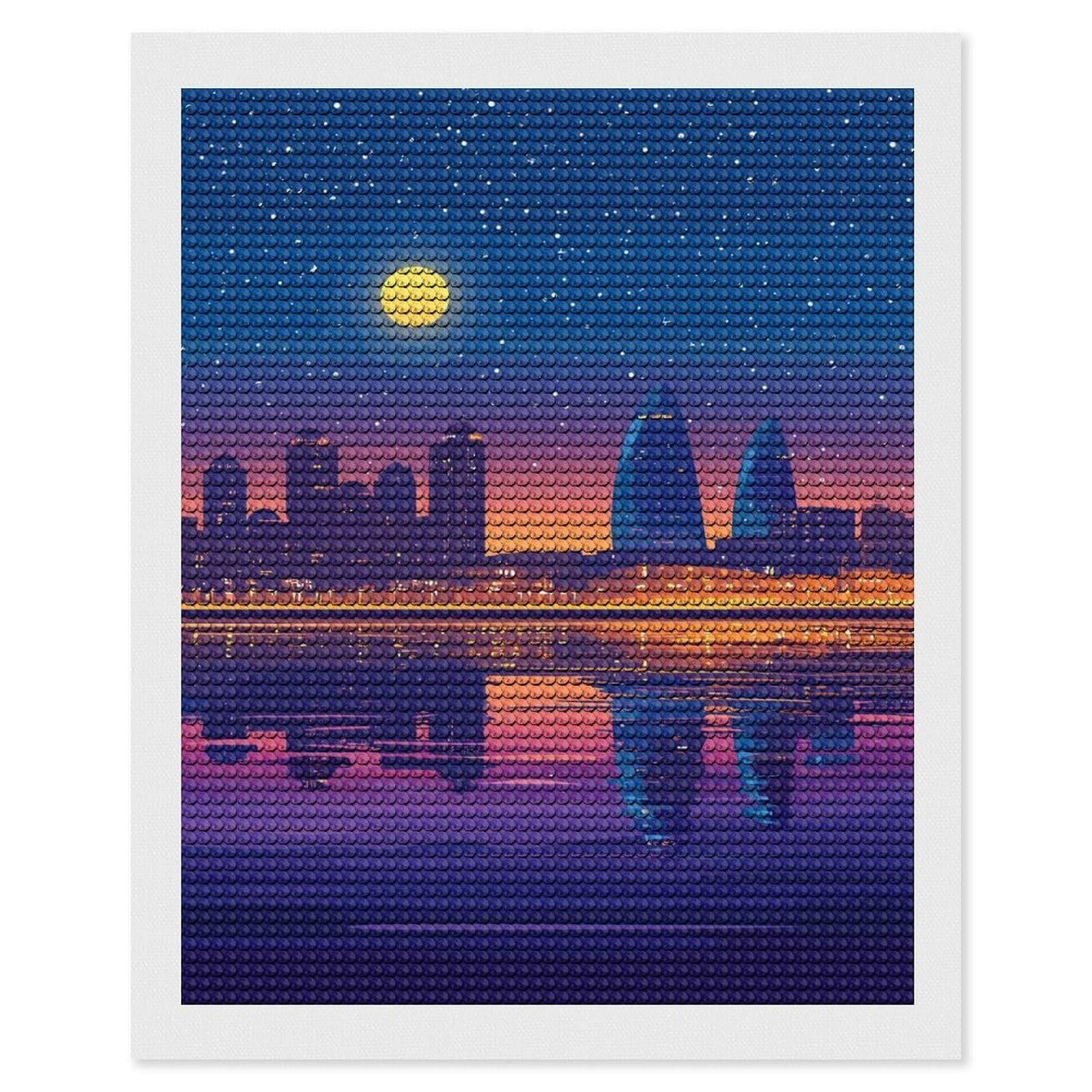 Junmoney Night Cityscape Reflection Diamond Painting Kit 16"x20", Adhesive Canvas, Home Wall Decor, for Beginners, Birthday Gift, Full Kit Included