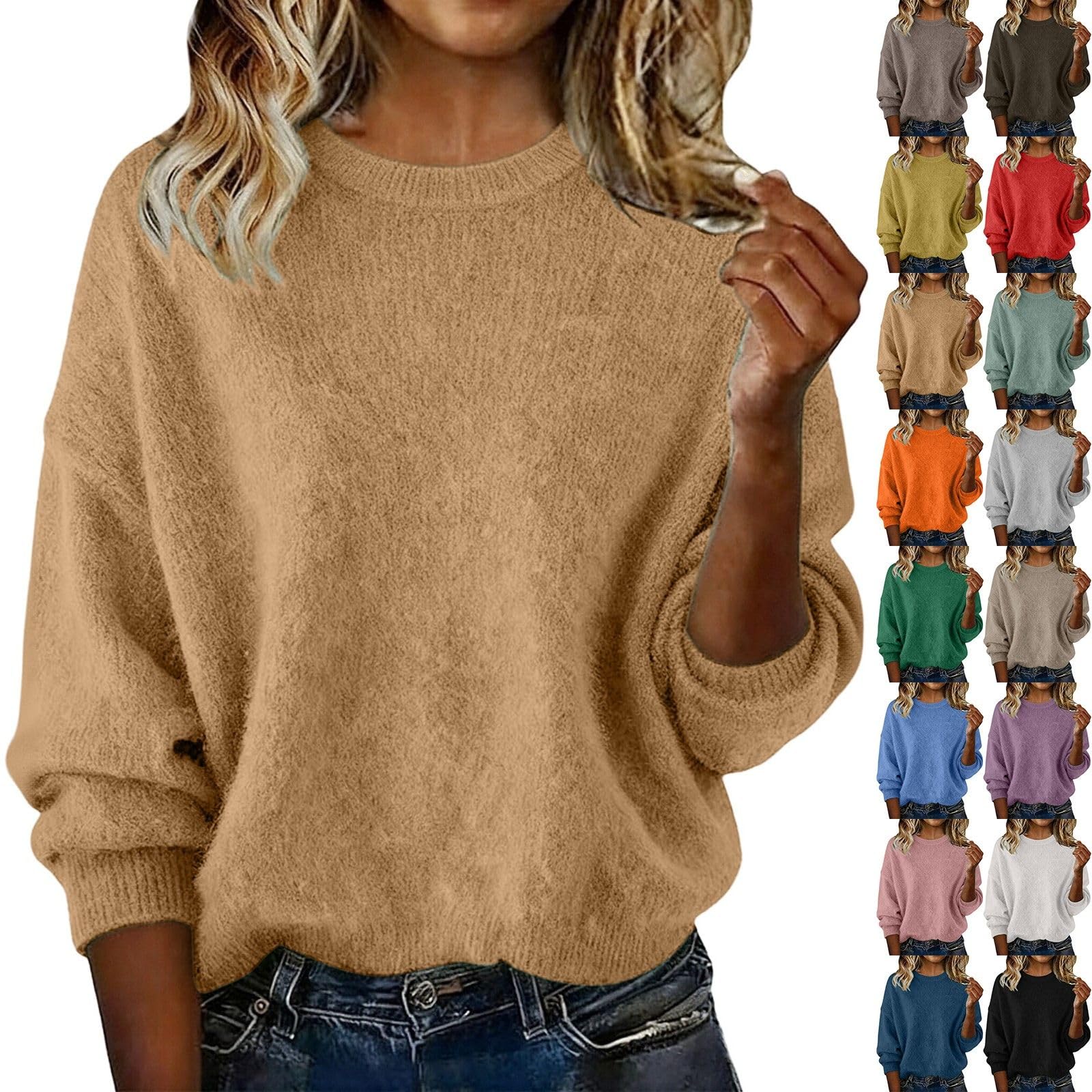 Warm Cashmere Sweaters for Women Crew Neck Loose Long Sleeve Winter Wool Knit Pullover Tops Soft Cozy Tunic