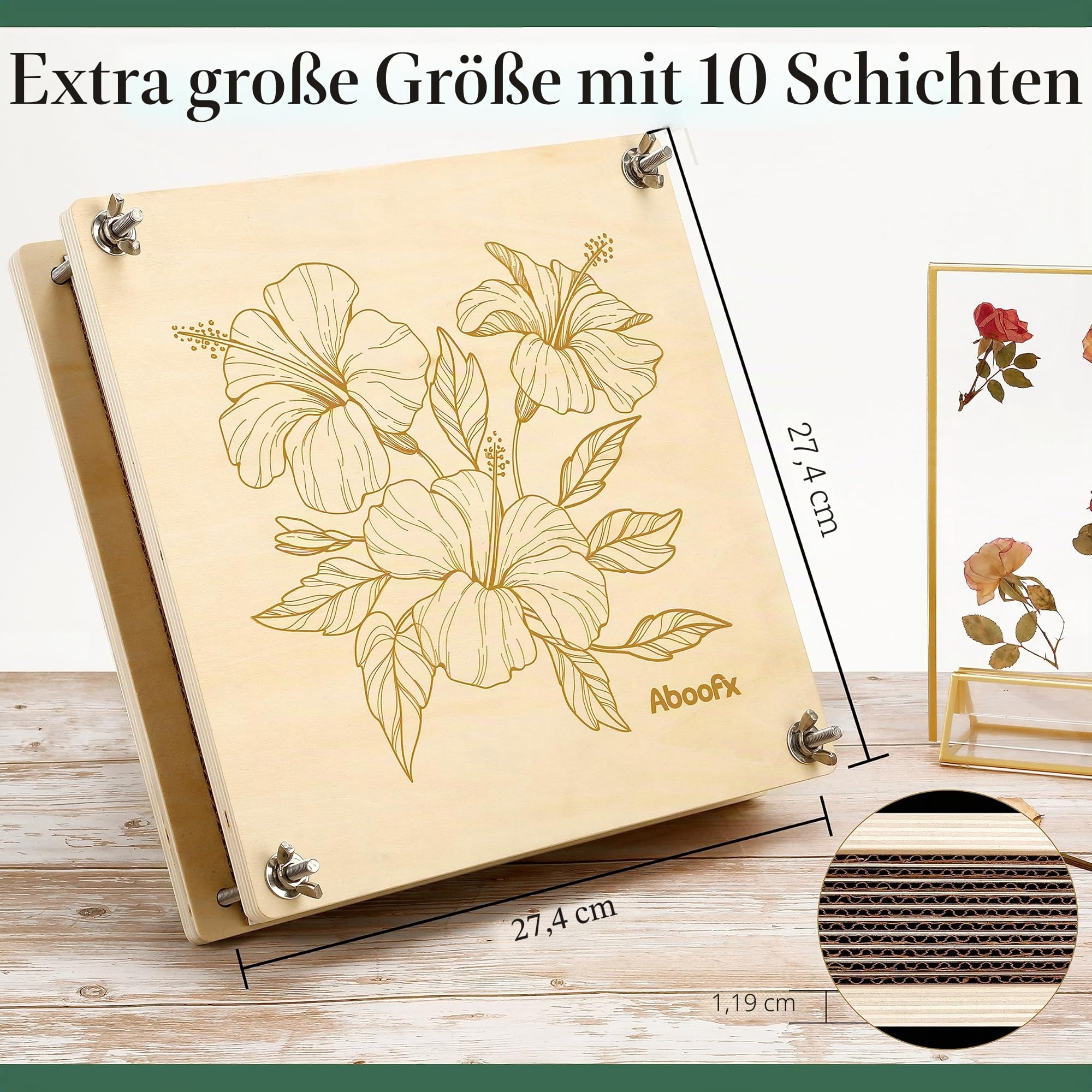 Aboofx Blumenpresse Groß aus Holz, 28x28 cm 10 Lagen – Pflanzenpresse Set mit Tasche, DIY Pressblumen Kit für Blumen Floristik Herbarium & Basteln, Blattpresse&Blumenpresse für Erwachsene&Floristen