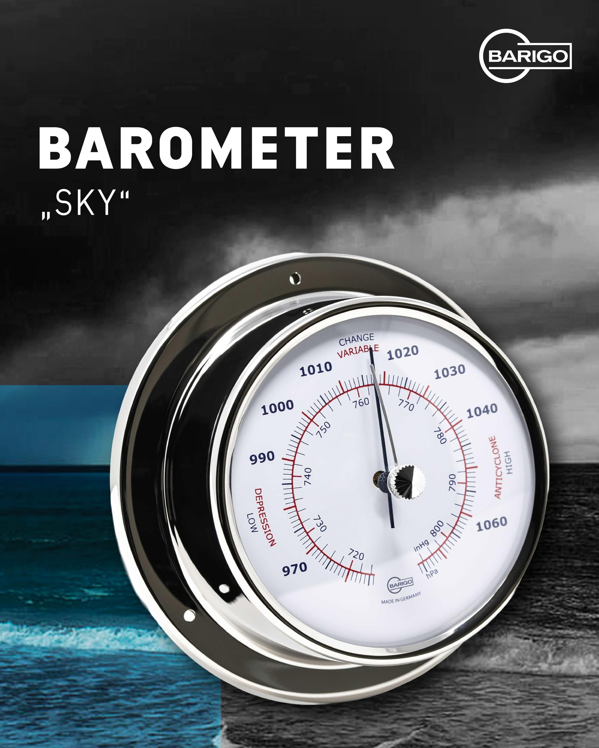 BARIGO 183RFPO.AV SKY barometr – 110 x 35 mm – ciśnieniomierz z obudową ze stali nierdzewnej, polerowany, wielokolorowa skala – Made in Germany